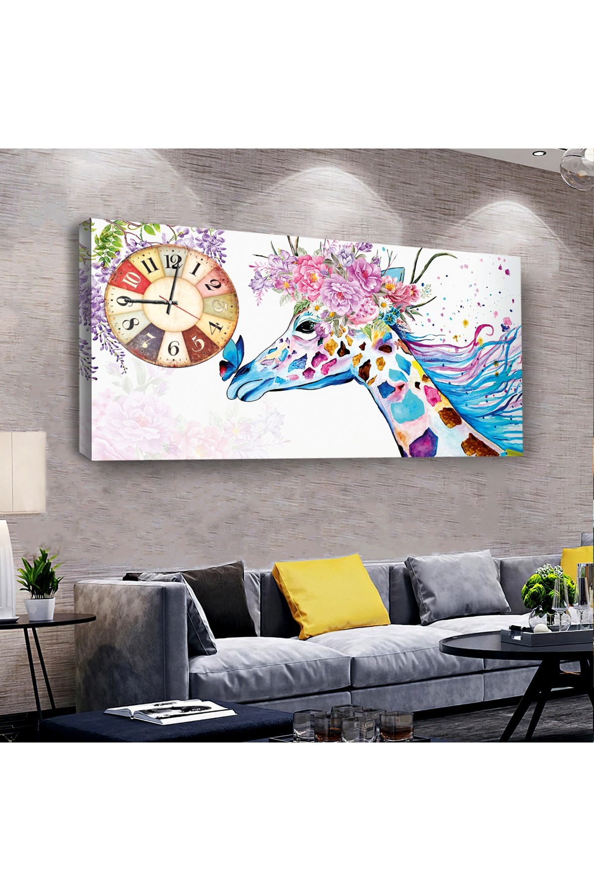 Renkli Zürafa saatliAhşap Şase Dijital Baskı Kanvas Tablo 100X50Cm