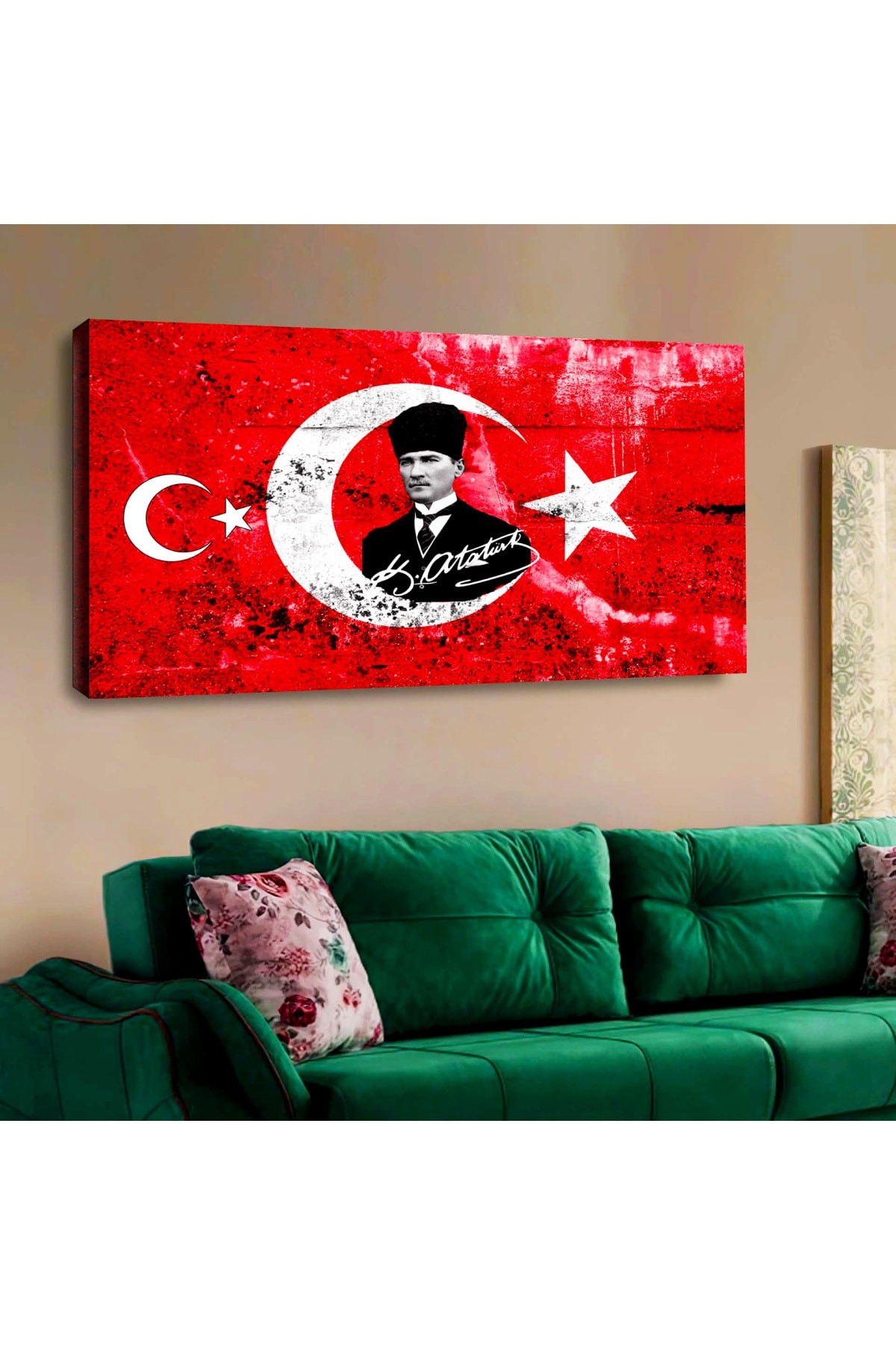 Minimalist Ahşap Şase Dijital Baskı Kanvas Atatürk Ve Türk Barağı Tablosu 120X60Cm