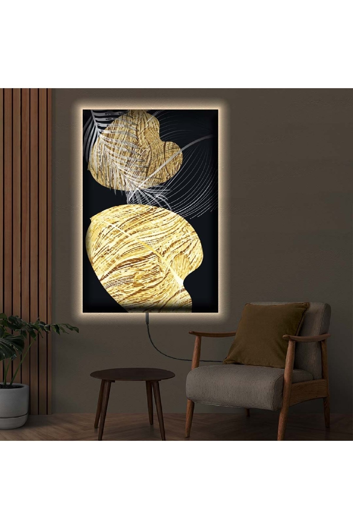Renkli Ledli Kolaj Çizim Yaprak Ahşap Şase Dijital Baskı Kanvas Tablo 50X70Cm