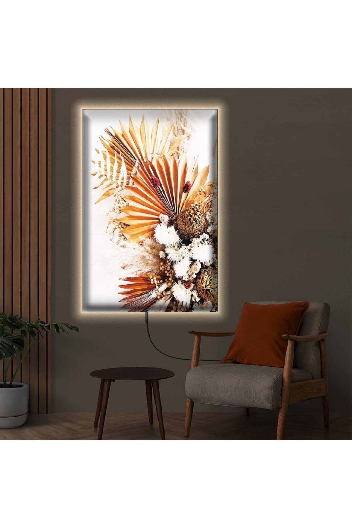 Salon Tablosu Ledli Kurutulmuş Çiçek Ahşap Şase Dijital Baskı Kanvas Tablo 90X60Cm