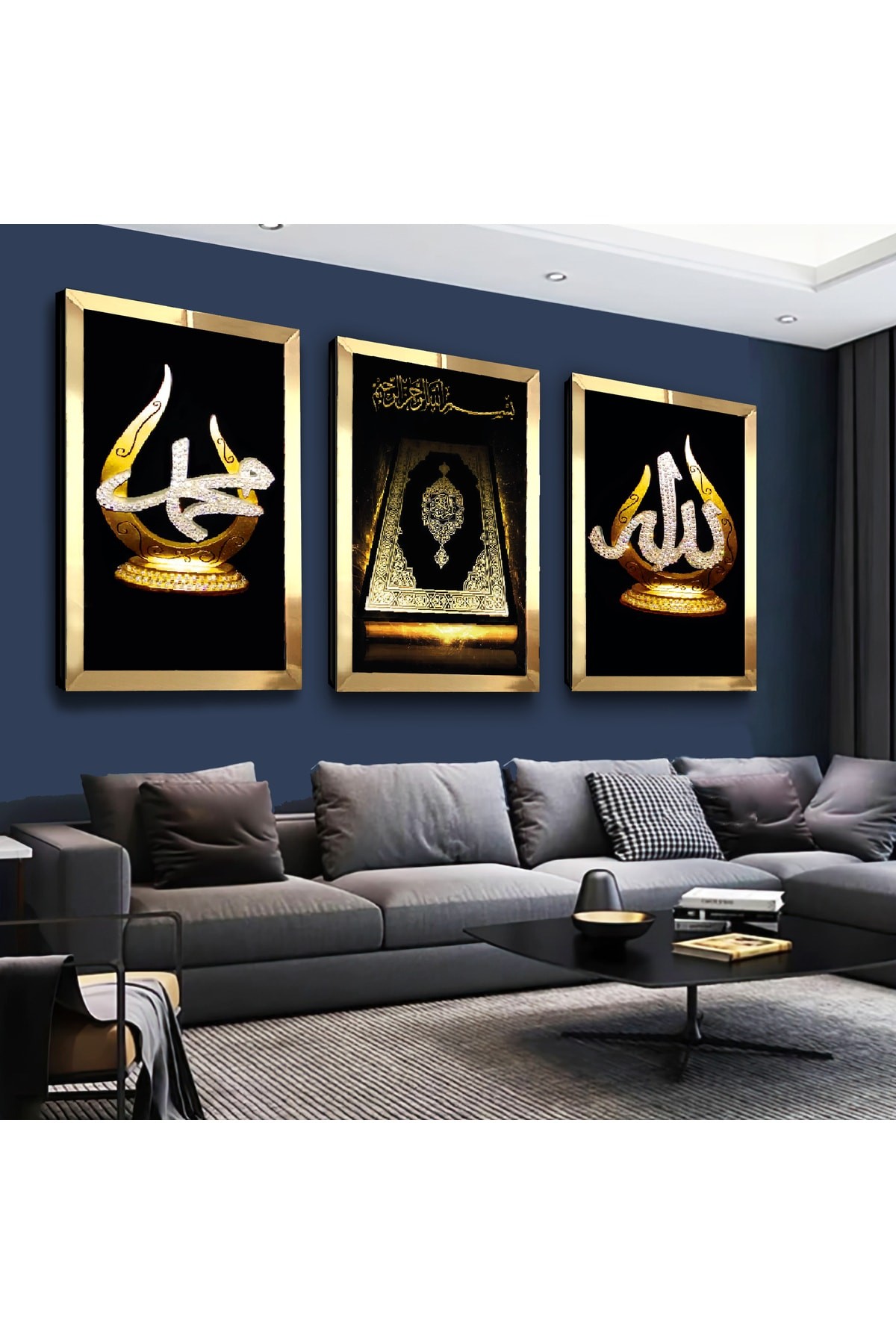 Allah Muhammed Lafzı Ve Kuran Dini Gold Pleksi Kenar 3'Lü Solmaz MDF Tablo Seti
