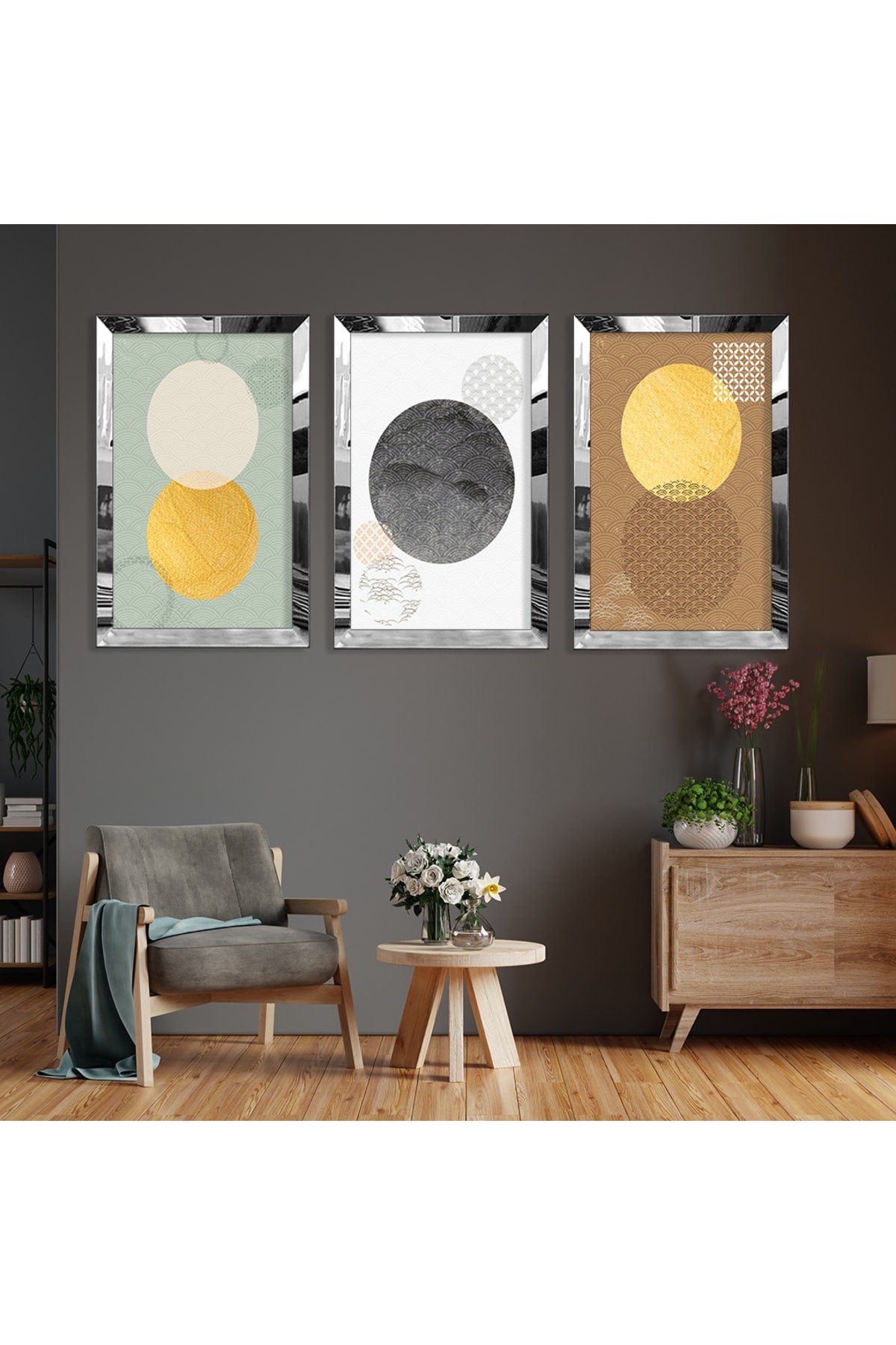 Modern Tablo Soyut Desen Gold Pleksi Kenar 3'Lü Solmaz MDF Tablo Ve Saat Kombin