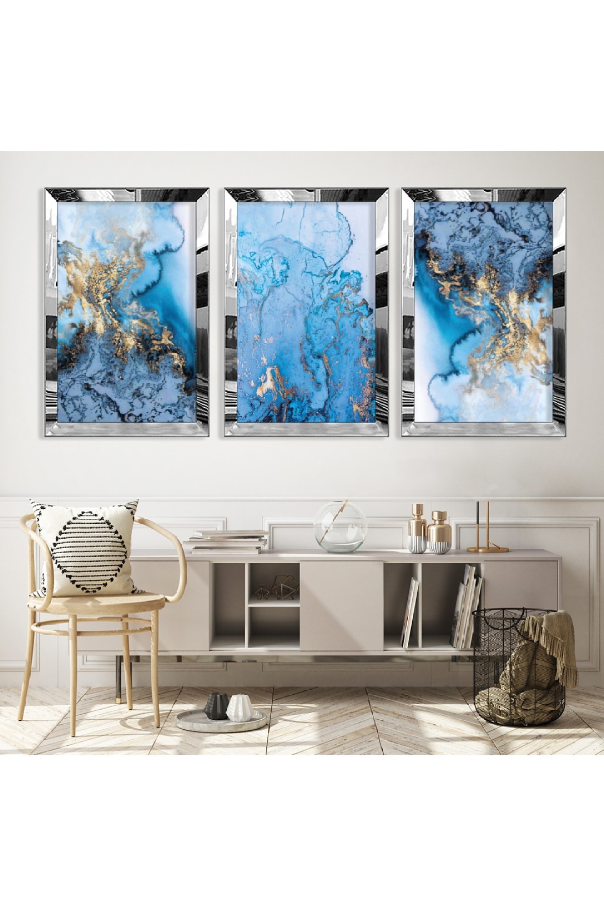 Mavi Dalgalar Modern Gold Pleksi Kenar Solmaz MDF Tablo