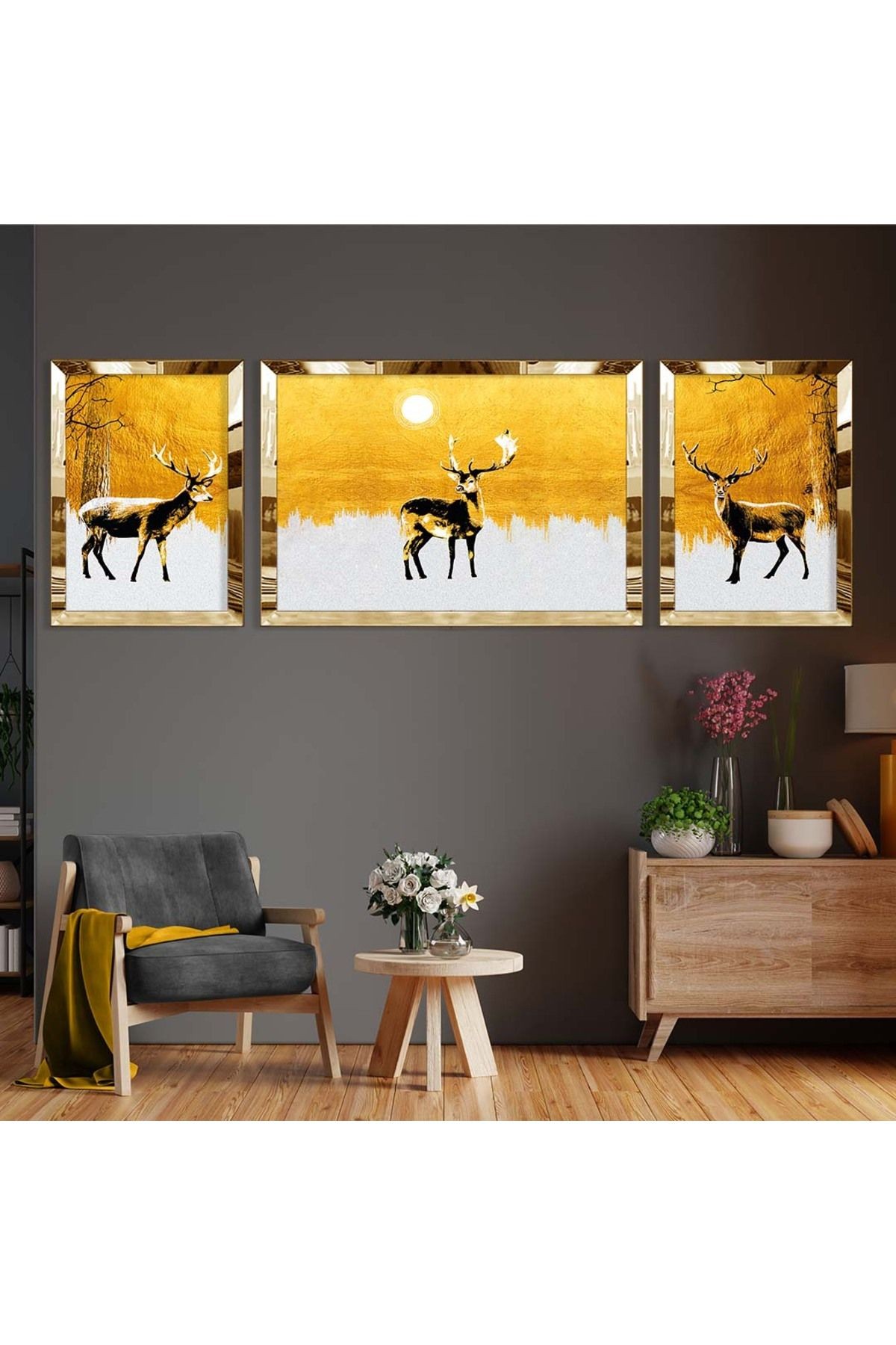 Gold Aynalı Pleksi Çerçeveli Üçlü Gold Arka Planlı Geğik Desenli Mdf Tablo Seti