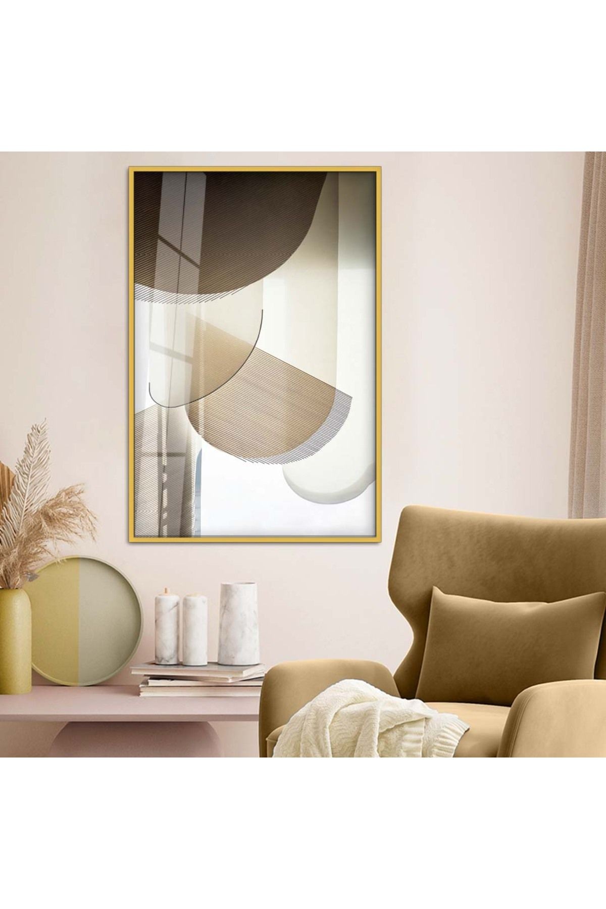 Gold Metal Çerçeveli Modern Çizim Soyut Tema Kırılmaz Cam Tablo