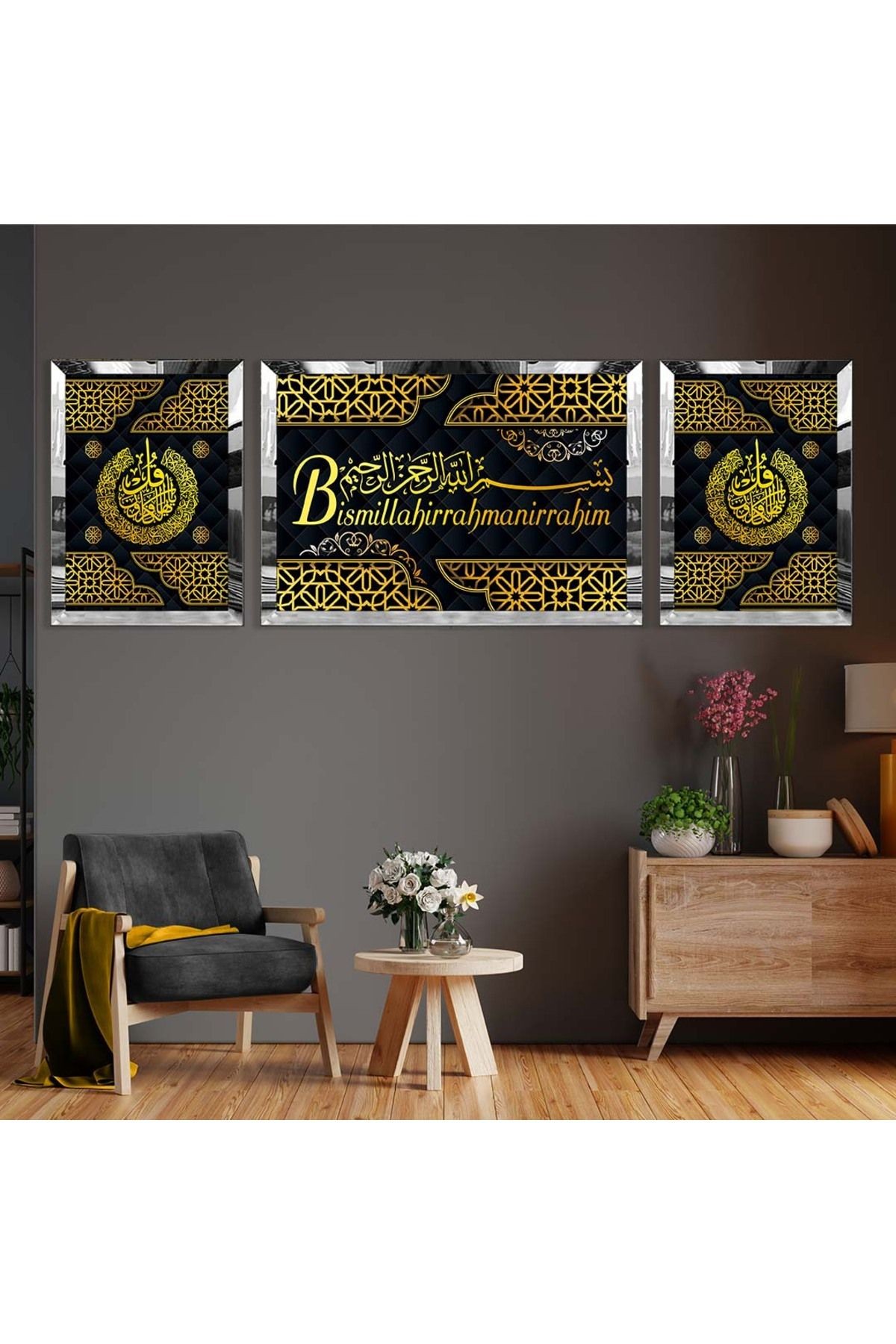 Gold Aynalı Pleksi Çerçeveli Üçlü Siyah Arka Planlı Gold Besmele Dini Model Mdf Tablo Seti