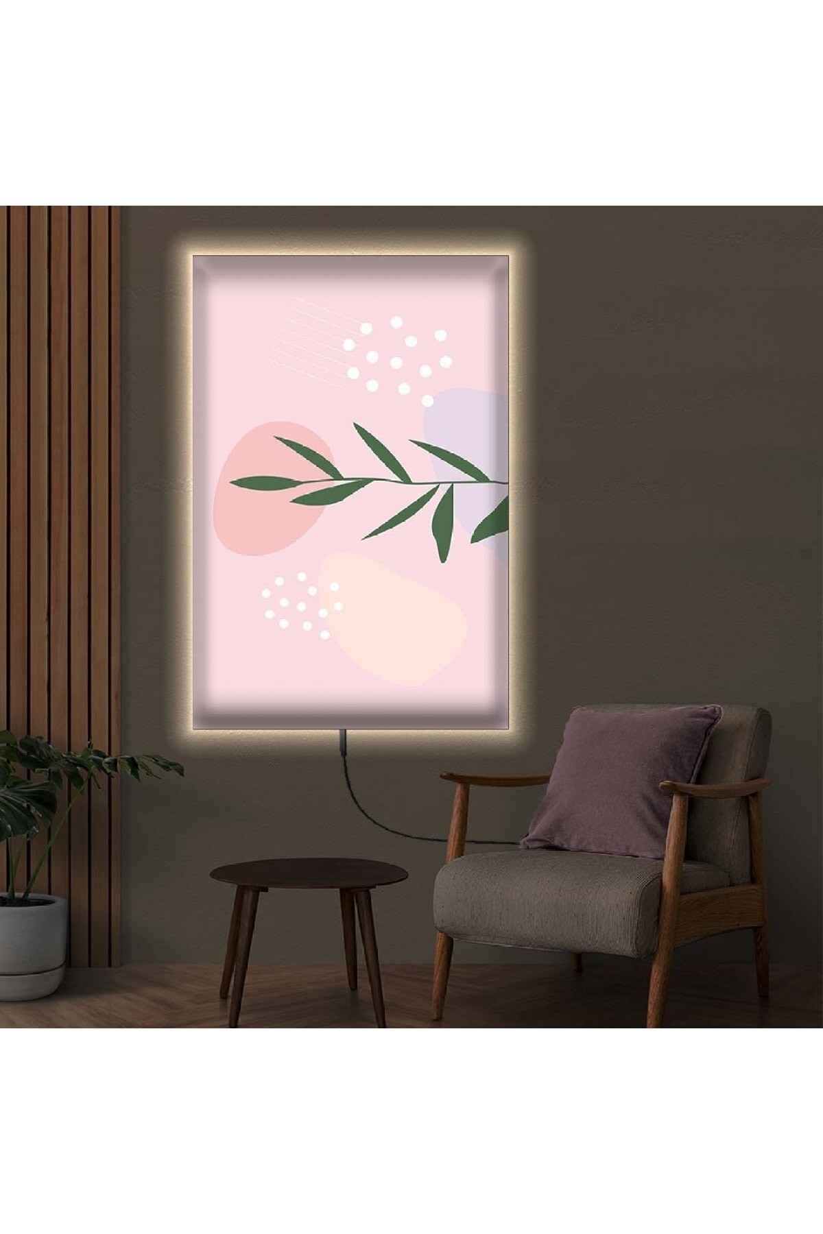 Renkli Ledli Soyut Çizim Çiçek Ahşap Şase Dijital Baskı Kanvas Tablo 70X100Cm