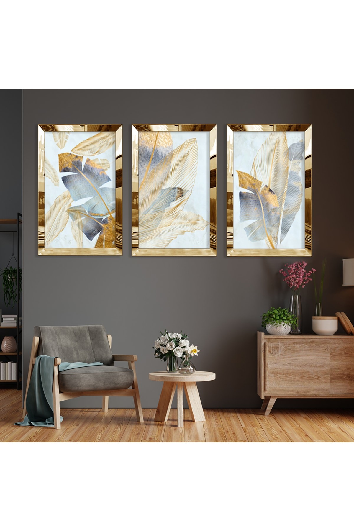 Tasarım Soyut Desen Gold Pleksi Kenar 3'Lü Solmaz MDF Tablo