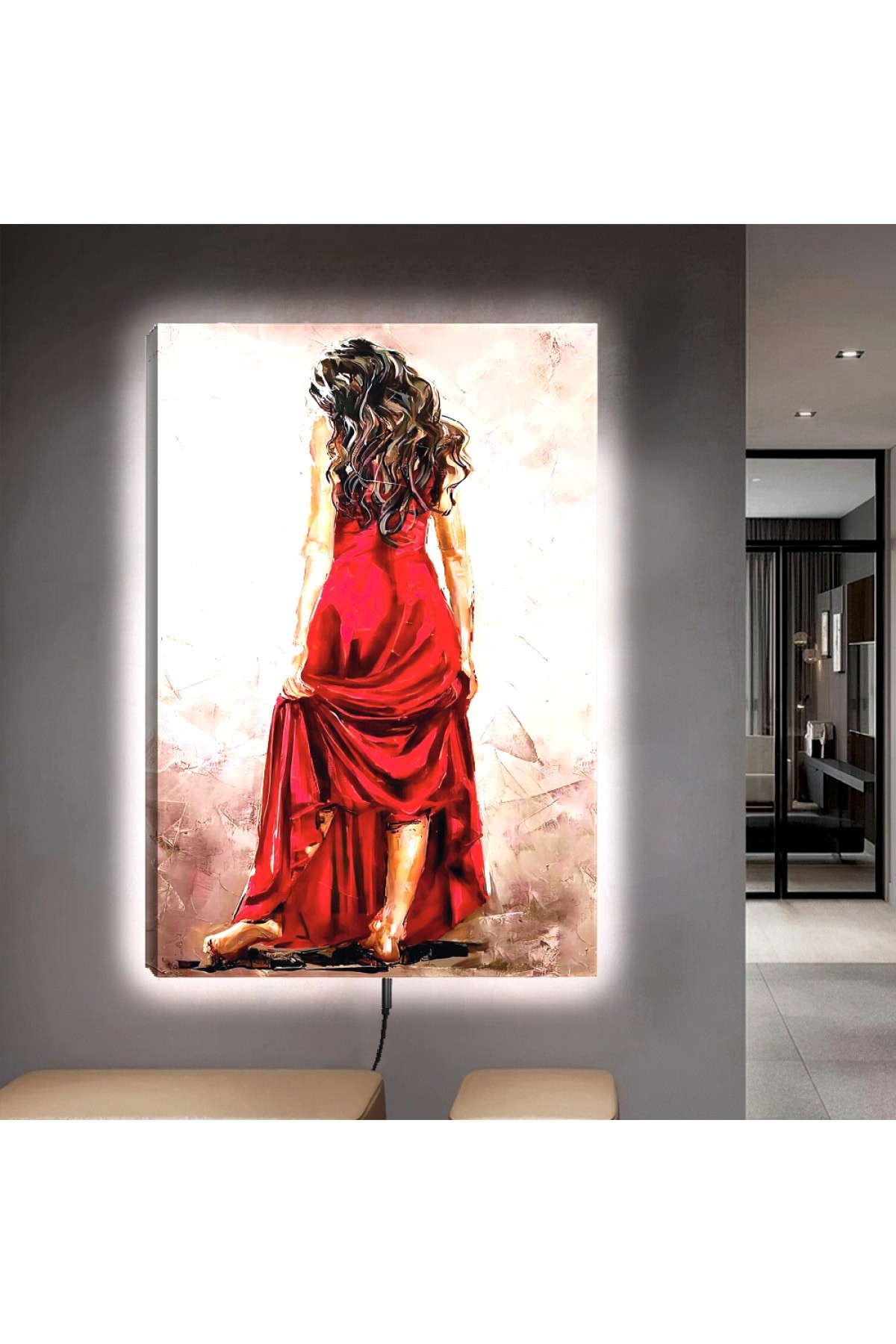 Ledli Yağlı Boya Görünümlü Genç Kadın Ahşap Şase Dijital Baskı Kanvas Tablo 90X60Cm