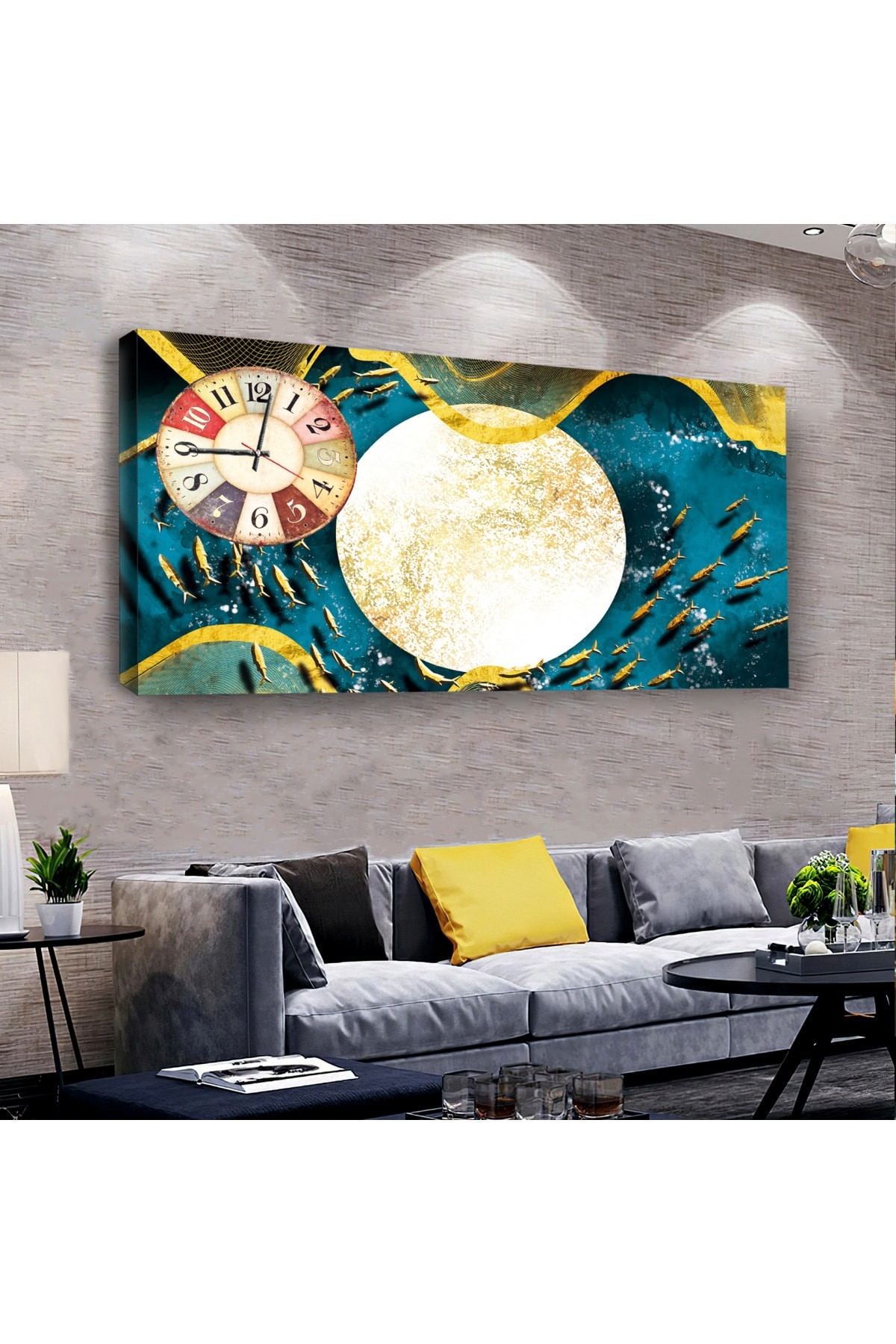 Renkli Dolunay Manzara saatliAhşap Şase Dijital Baskı Kanvas Tablo 100X50Cm