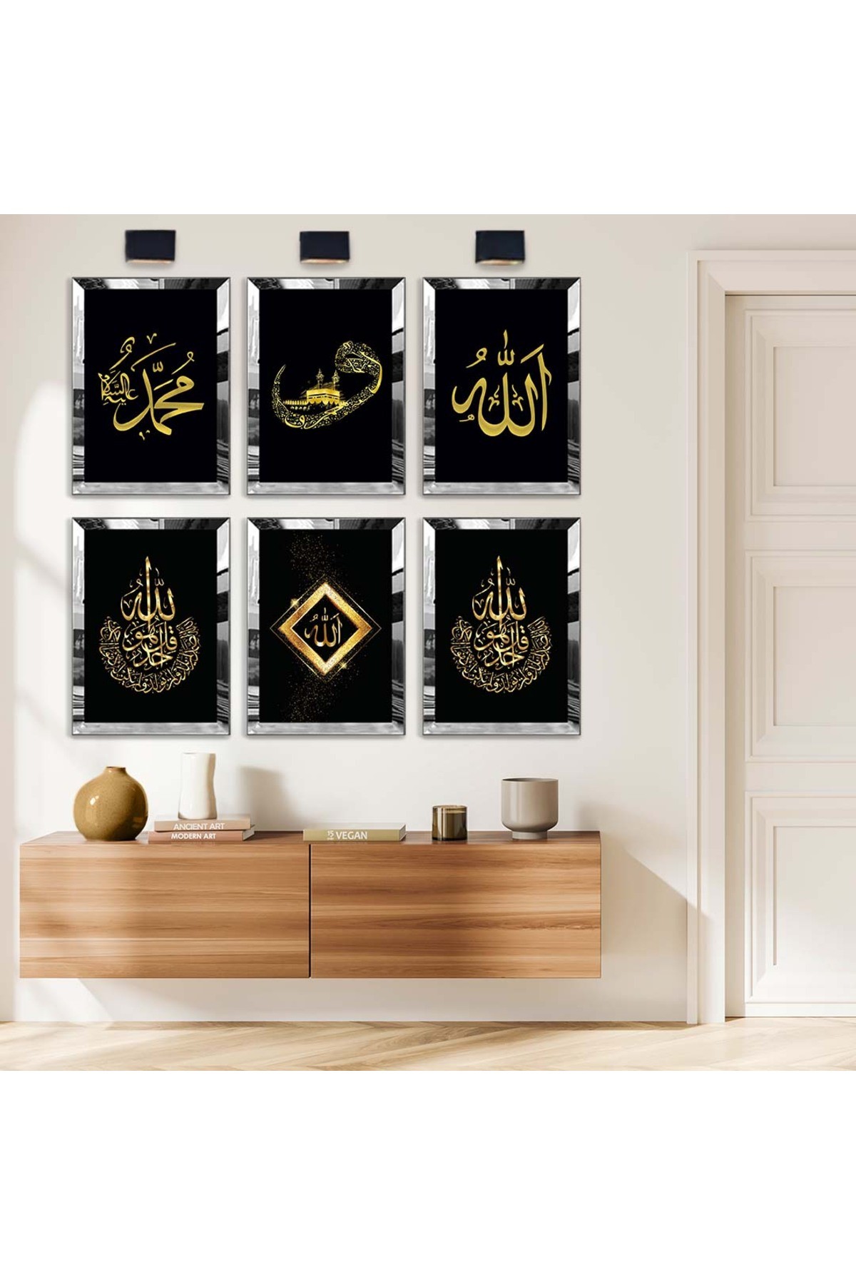 Kabe Ve Allah Lafzı Dini Model 6'Lı Pleksi Kenar Solmaz MDF Tablo Seti