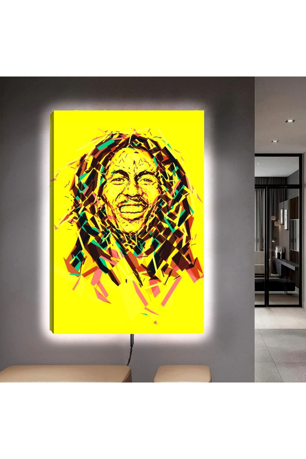 Kanvas Sarı Arka Planlı Bob Marley Ledli Tablo