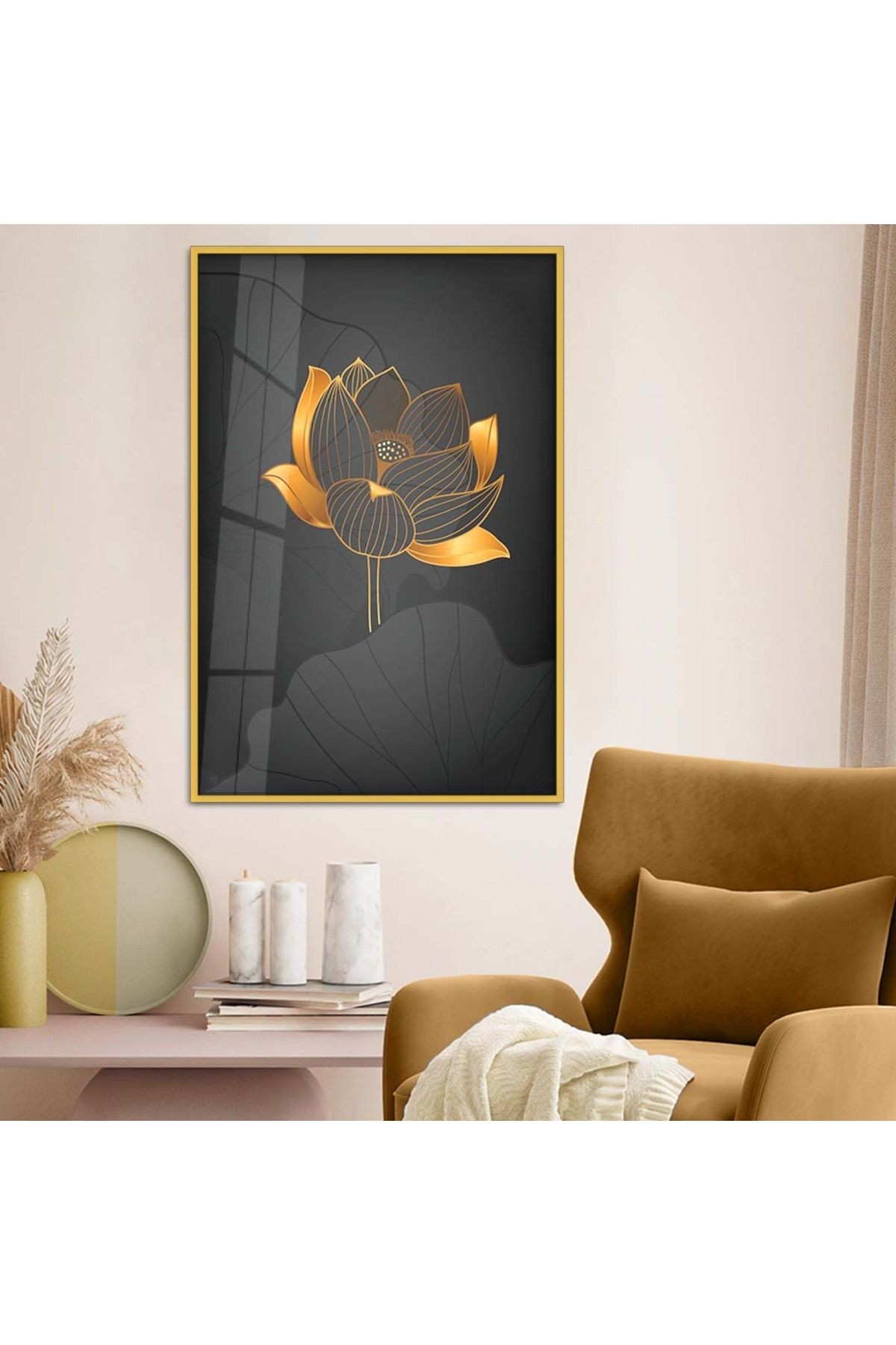 Gold Metal Çerçeveli Kolaj Çizim Çiçek Desen Kırılmaz Cam Tablo