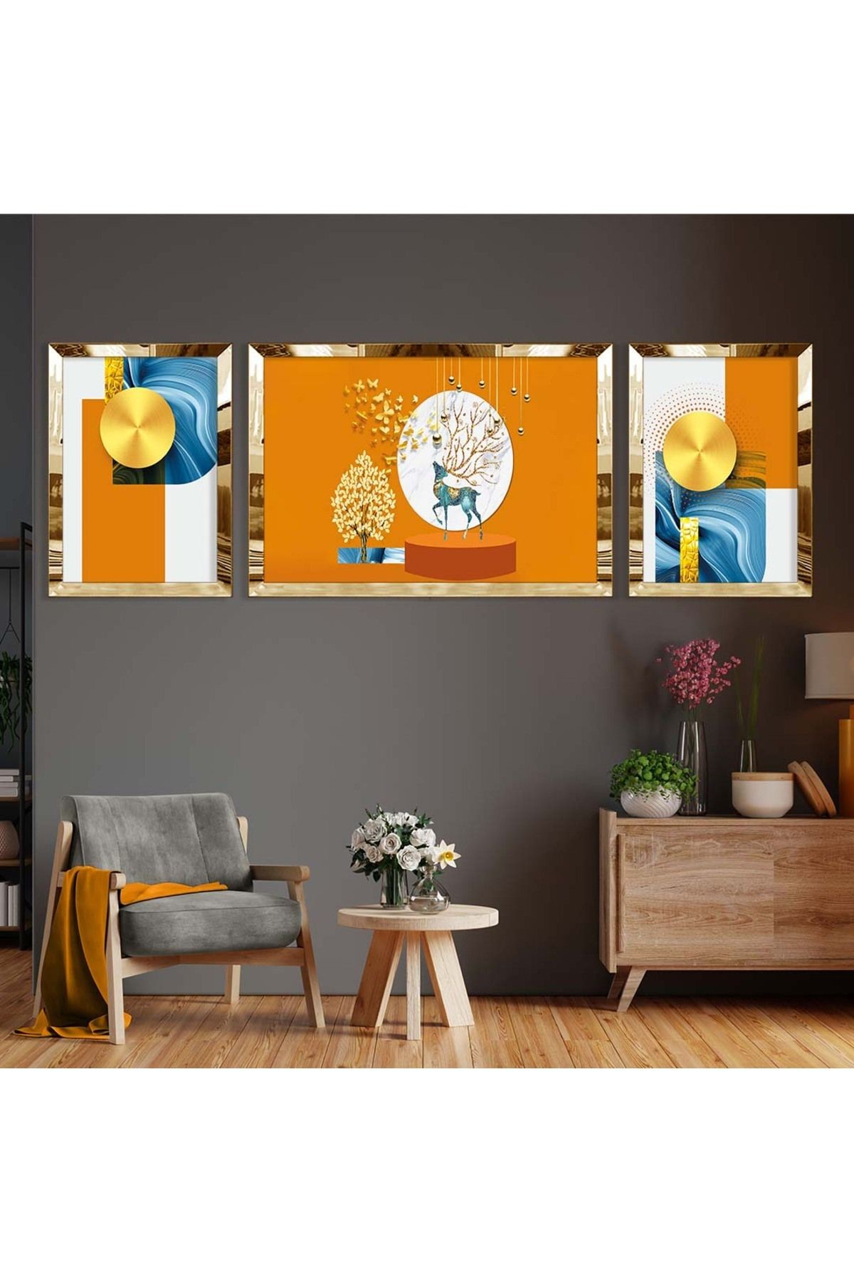 Gold Aynalı Pleksi Çerçeveli Üçlü Turuncu Arka Planlı Gold Geğik Desenli Mdf Tablo Seti