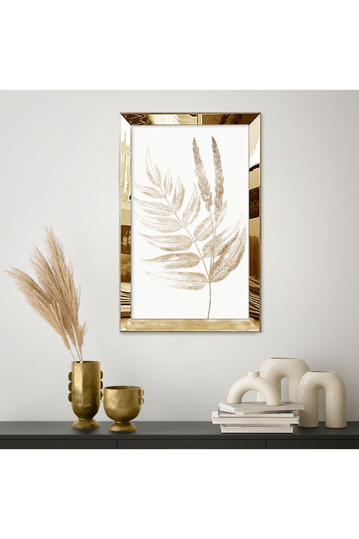 Gold Aynalı Pleksi Çerçeveli Büyük Altın Yaprak Mdf Tablo