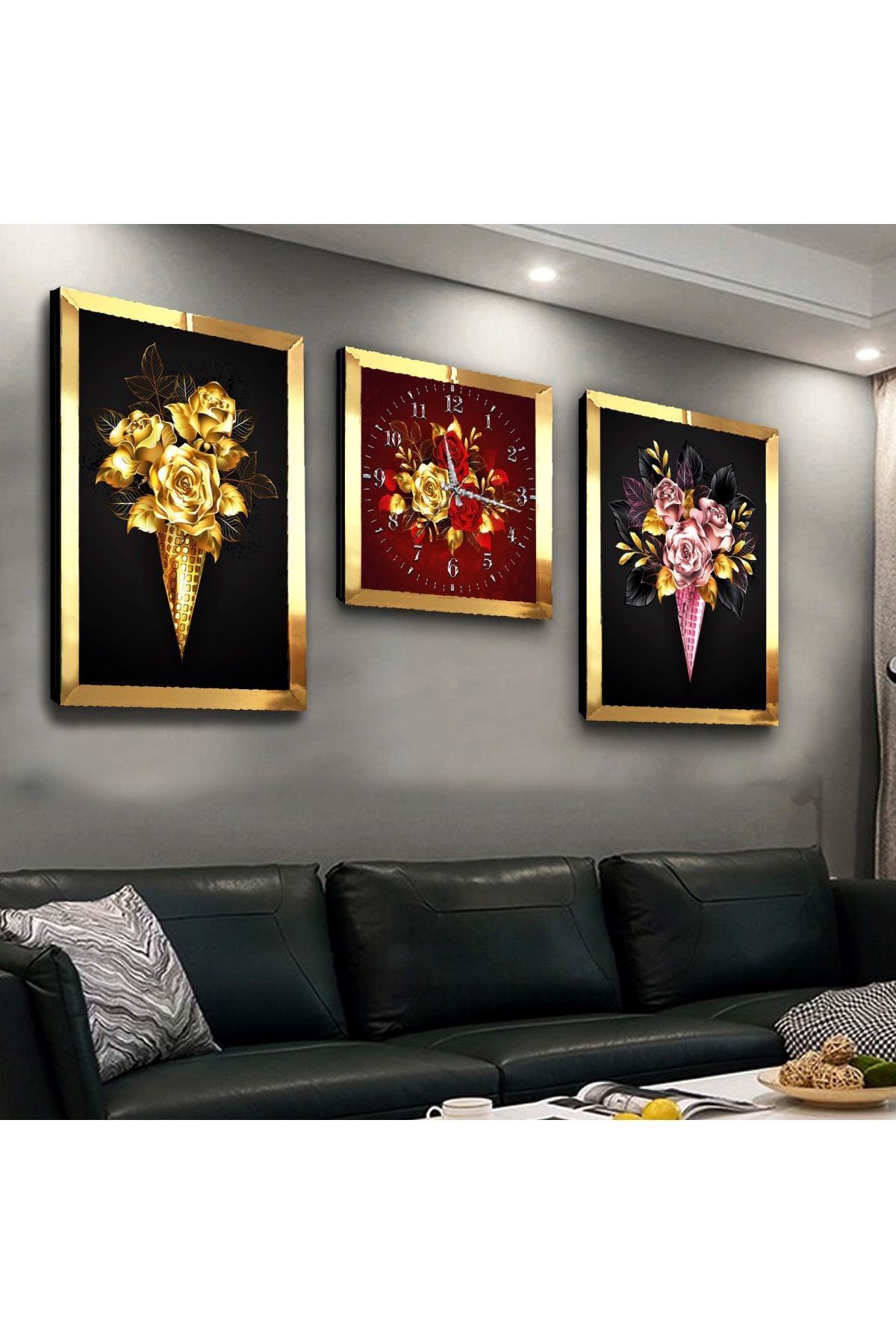 Gold Aynalı Pleksi Çerçeveli Çiçek Üçlü Mdf Tablo Seti Ve Saat Seti