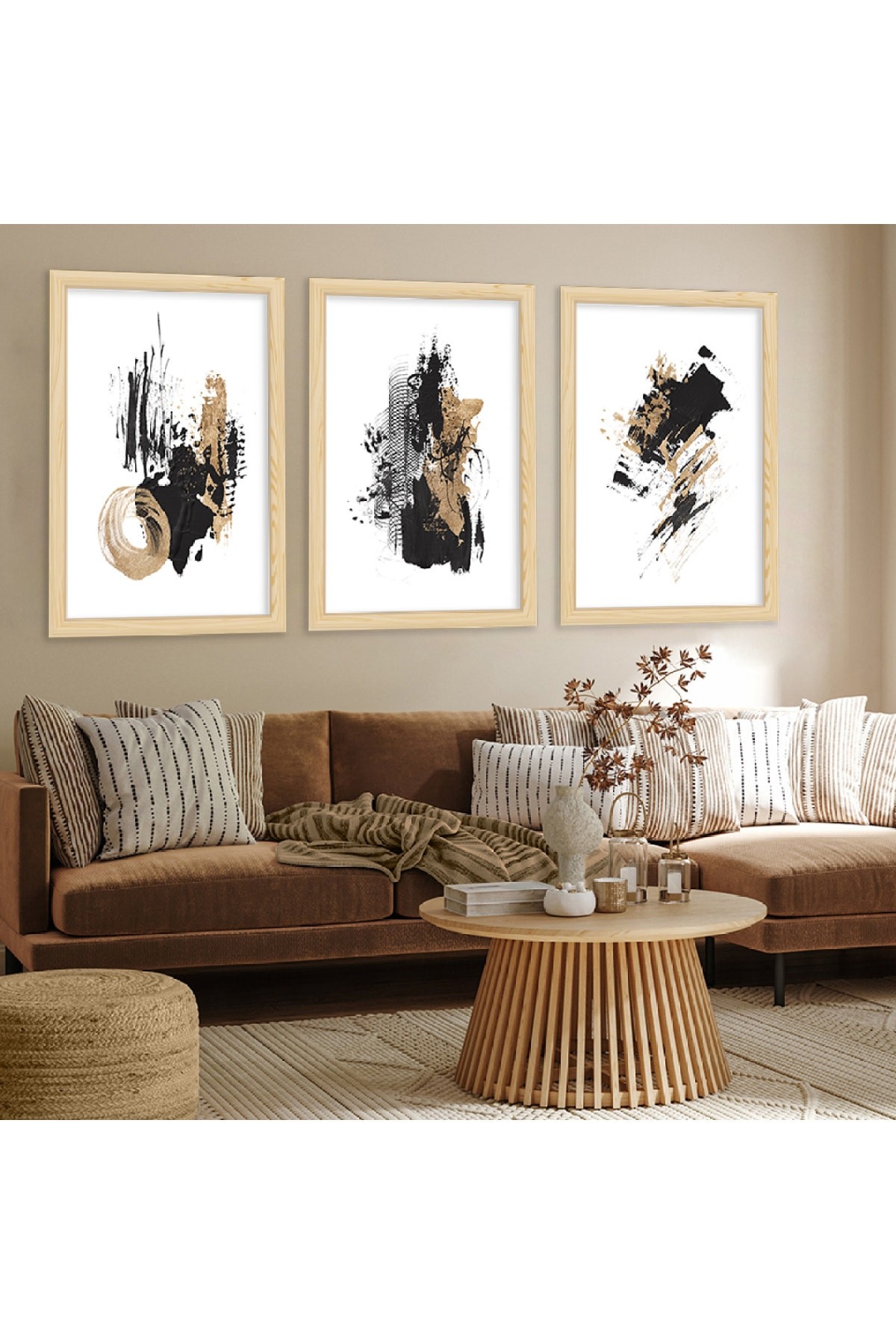 Canlı Renkli Ahşap Çerçeveli Kolaj Çizim Modern Tablo