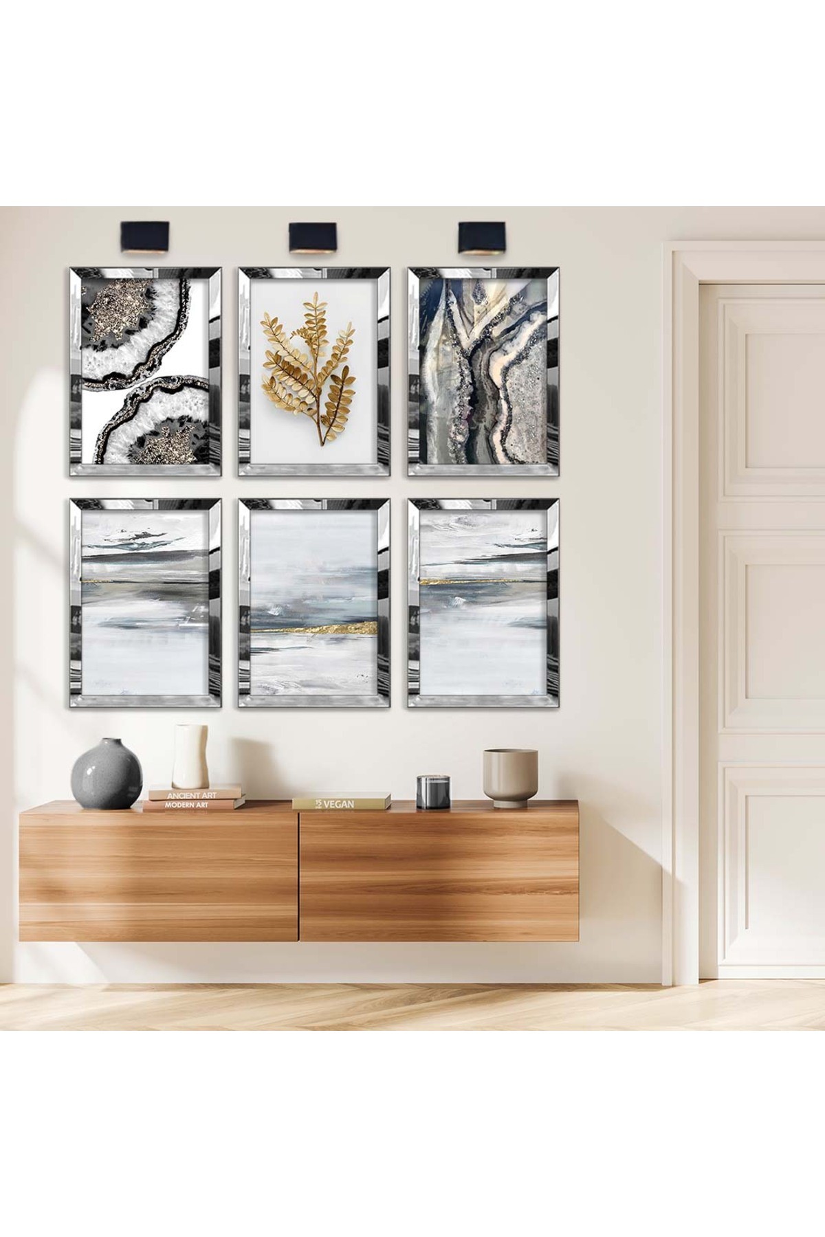 Modern Tablo Soyut Tema Modern Çizim 6'Lı Pleksi Kenar Solmaz MDF Tablo Seti