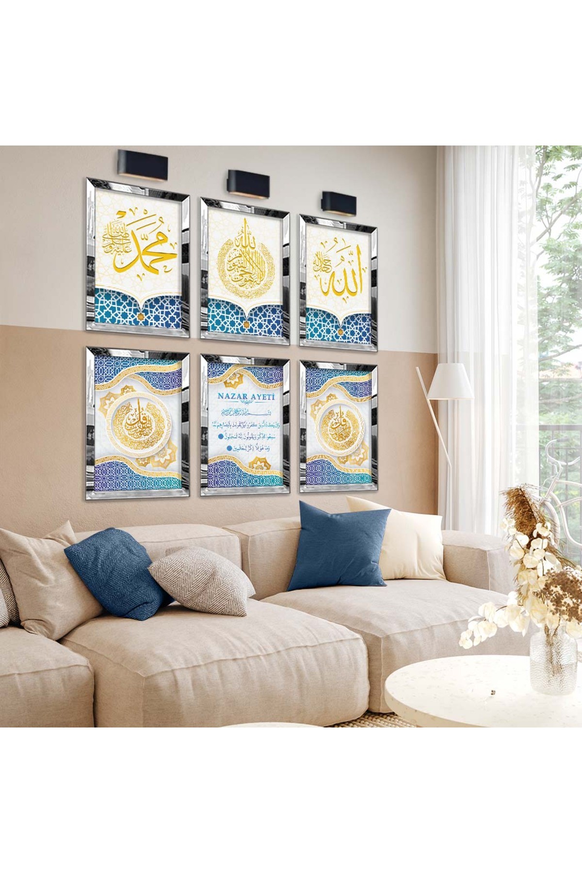 Oturma Odası Tablosu Nazar Ayeti Dini Model 6'Lı Pleksi Kenar MDF Tablo Seti