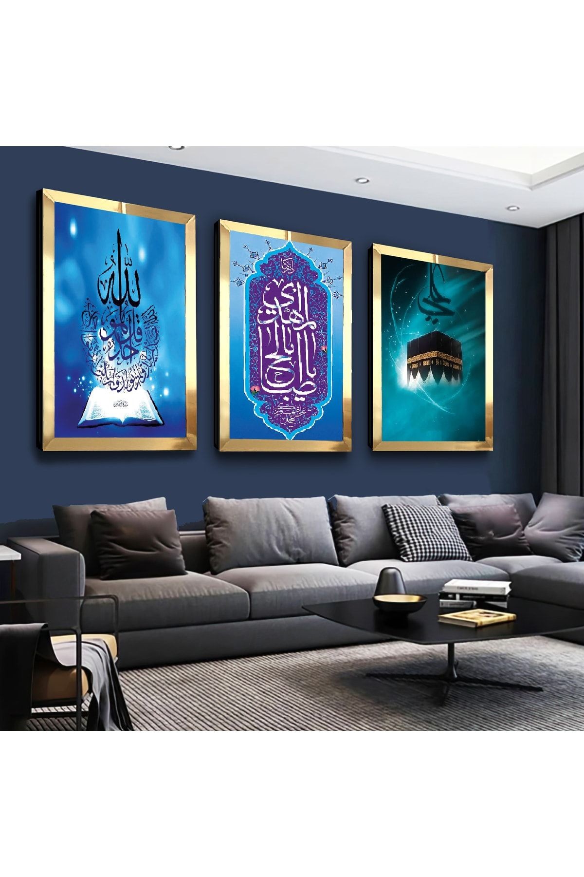 Gold Aynalı Pleksi Çerçeveli Kabe Ve Allah Muhammed Lafzı Dini Üçlü Mdf Tablo Seti