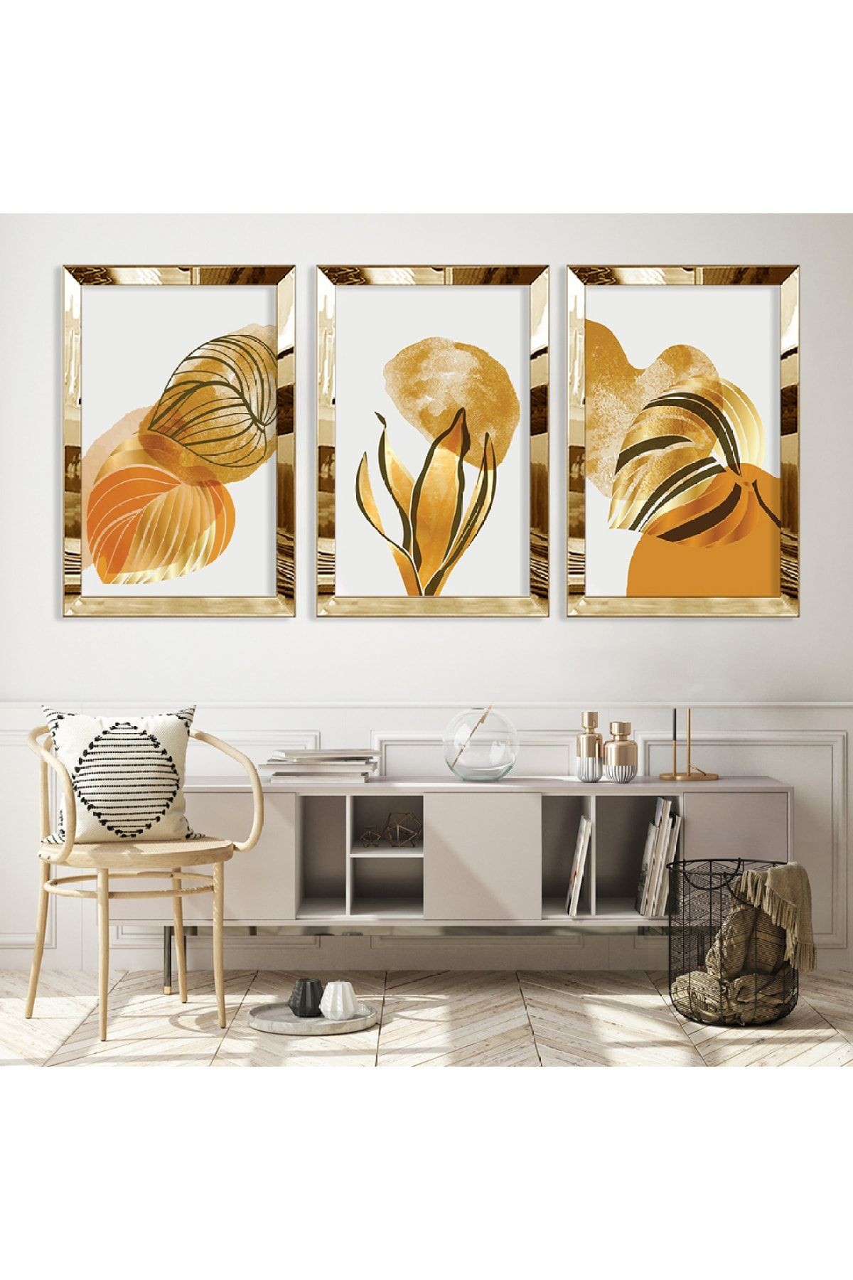 Gold Aynalı Pleksi Çerçeveli Desenli Soyut Bitki Üçlü Mdf Tablo Seti