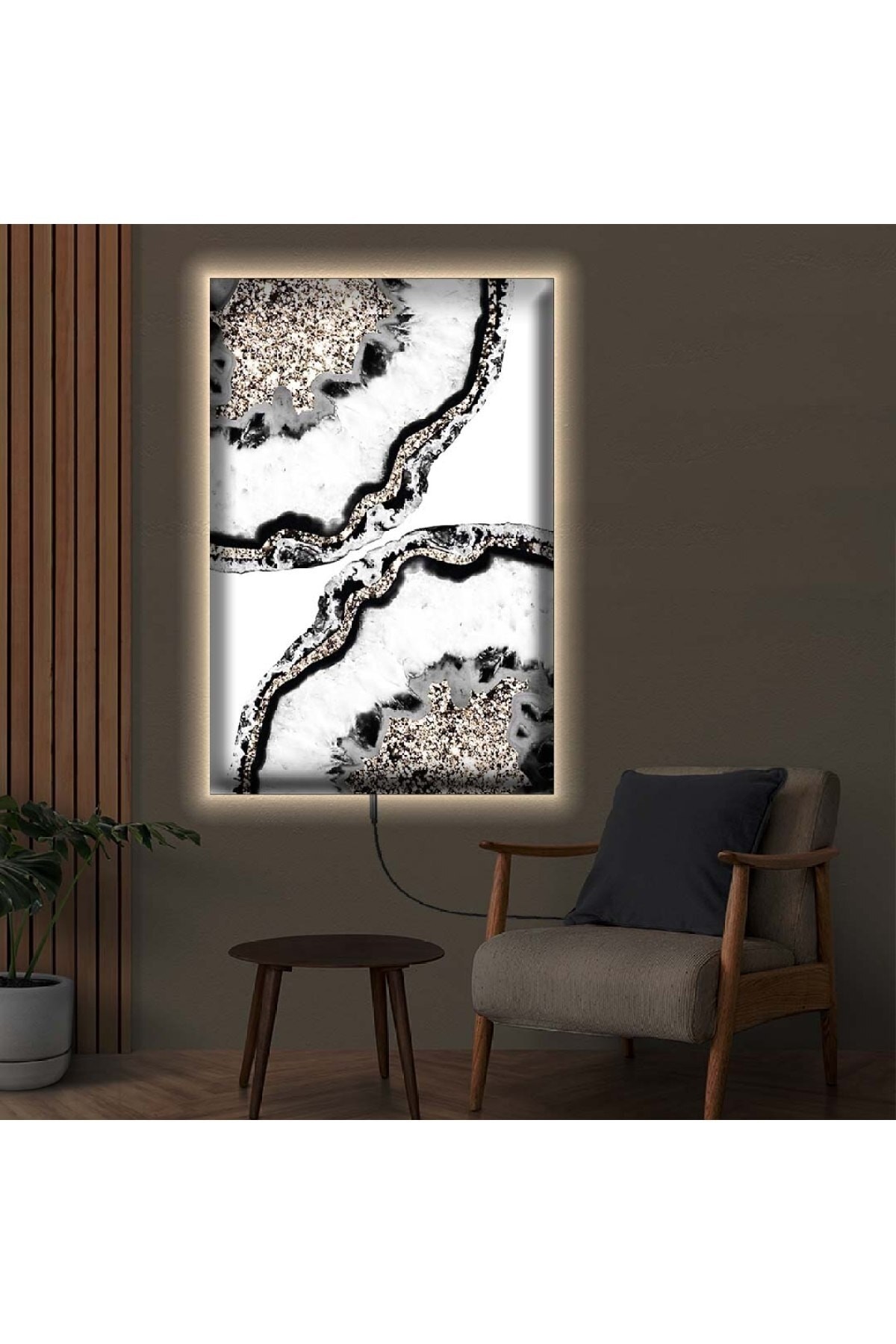 Ledli Taş Desen Ahşap Şase Dijital Baskı Kanvas Tablo 90X60Cm