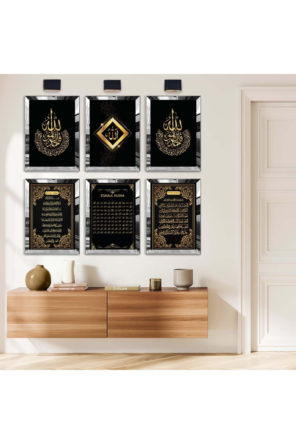 Fatiha Suresi Ve Ayetel Kürsi Dini Model 6'Lı Pleksi Kenar Solmaz MDF Tablo Seti