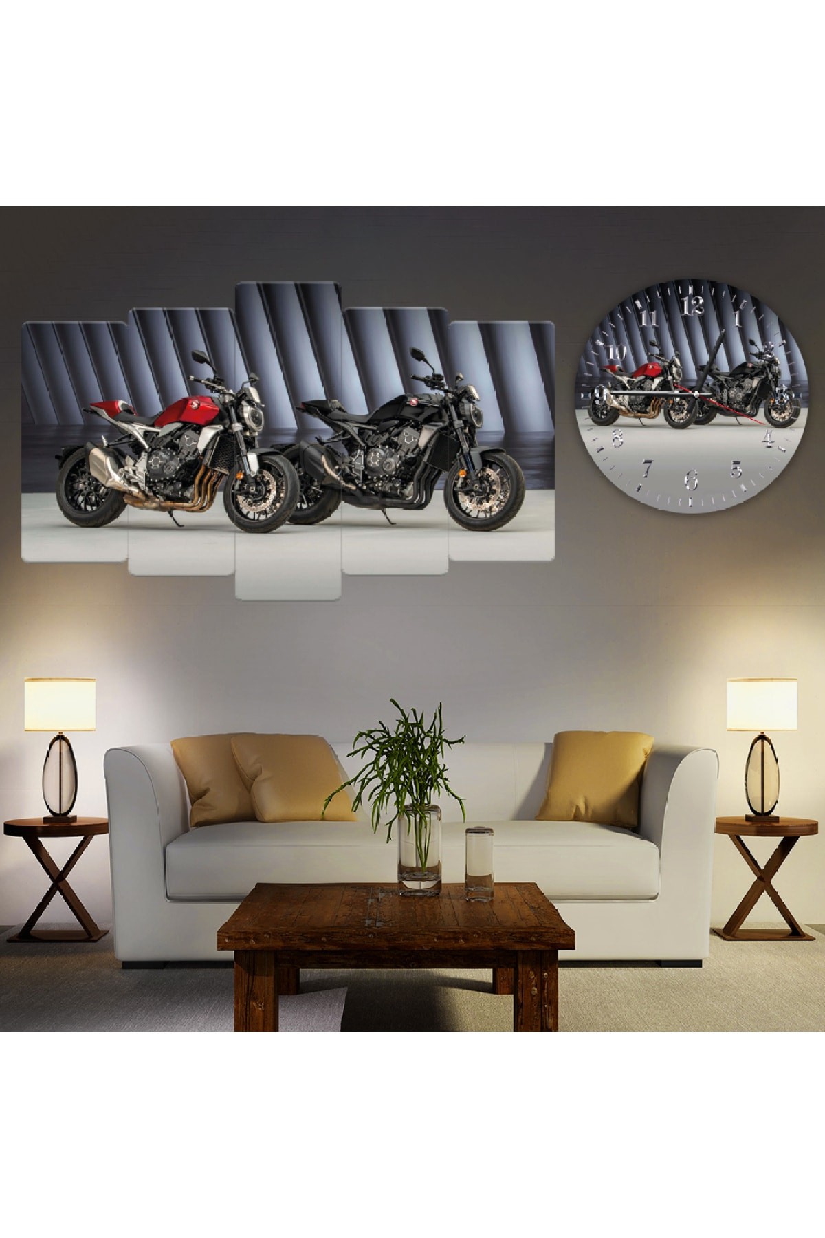 5 Parça Motorsiklet Görselli Solmaz MDF Tablo Ve Saat Kombin