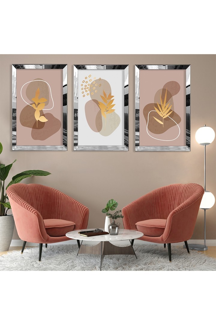 Ofis Tablosu Soyut Desen Şekiller Gold Pleksi Kenar 3'Lü Solmaz MDF Tablo