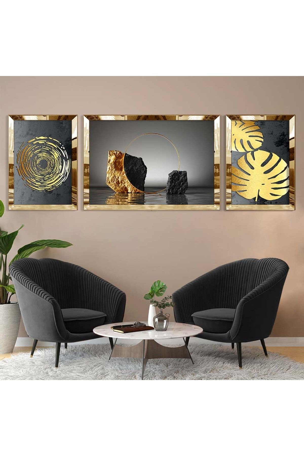 Gold Aynalı Pleksi Çerçeveli Üçlü Altın Desenli Modern Mdf Tablo Seti