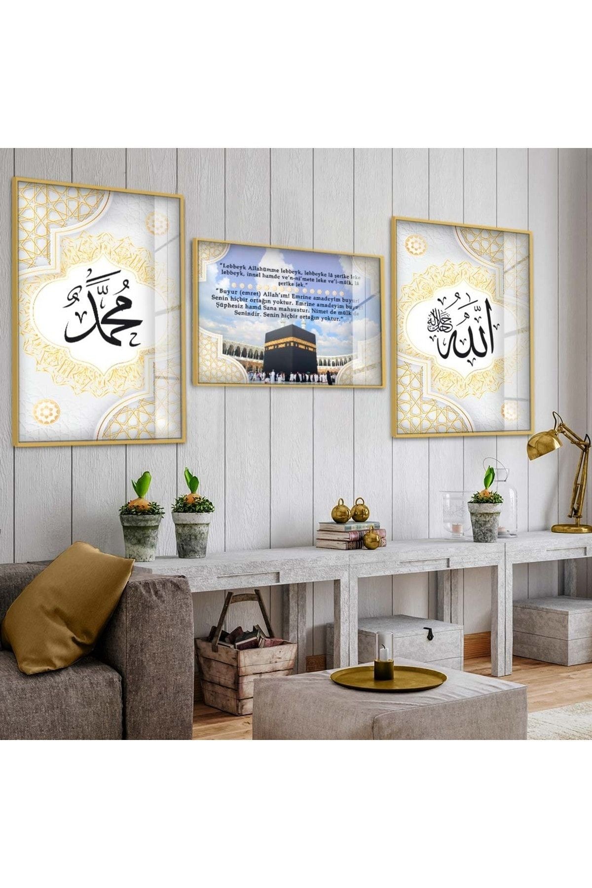 Gold Metal Çerçeveli Kabe Dini Üçlü Kırılmaz Cam Tablo Seti