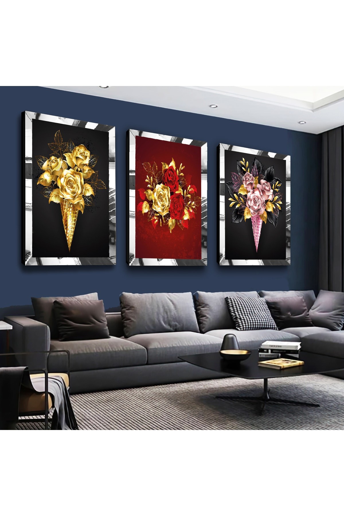 Renkli Çiçekler Gold Pleksi Kenar 3'Lü Solmaz MDF Tablo Seti