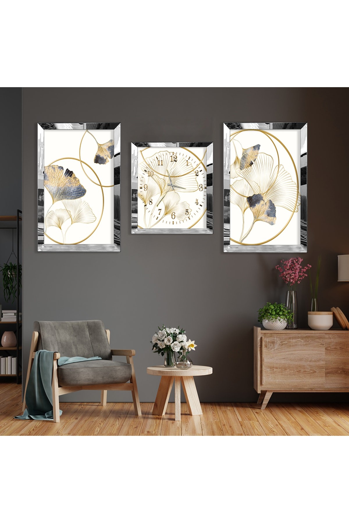 Modern Tablo Çiçek Soyut Desen Gold Pleksi Kenar 3'Lü MDF Tablo Ve Saat Kombin