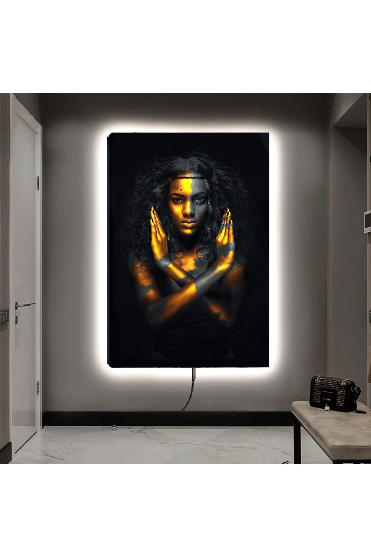Ledli Afrikalı Kadın Ahşap Şase Dijital Baskı Kanvas Tablo 90X60Cm