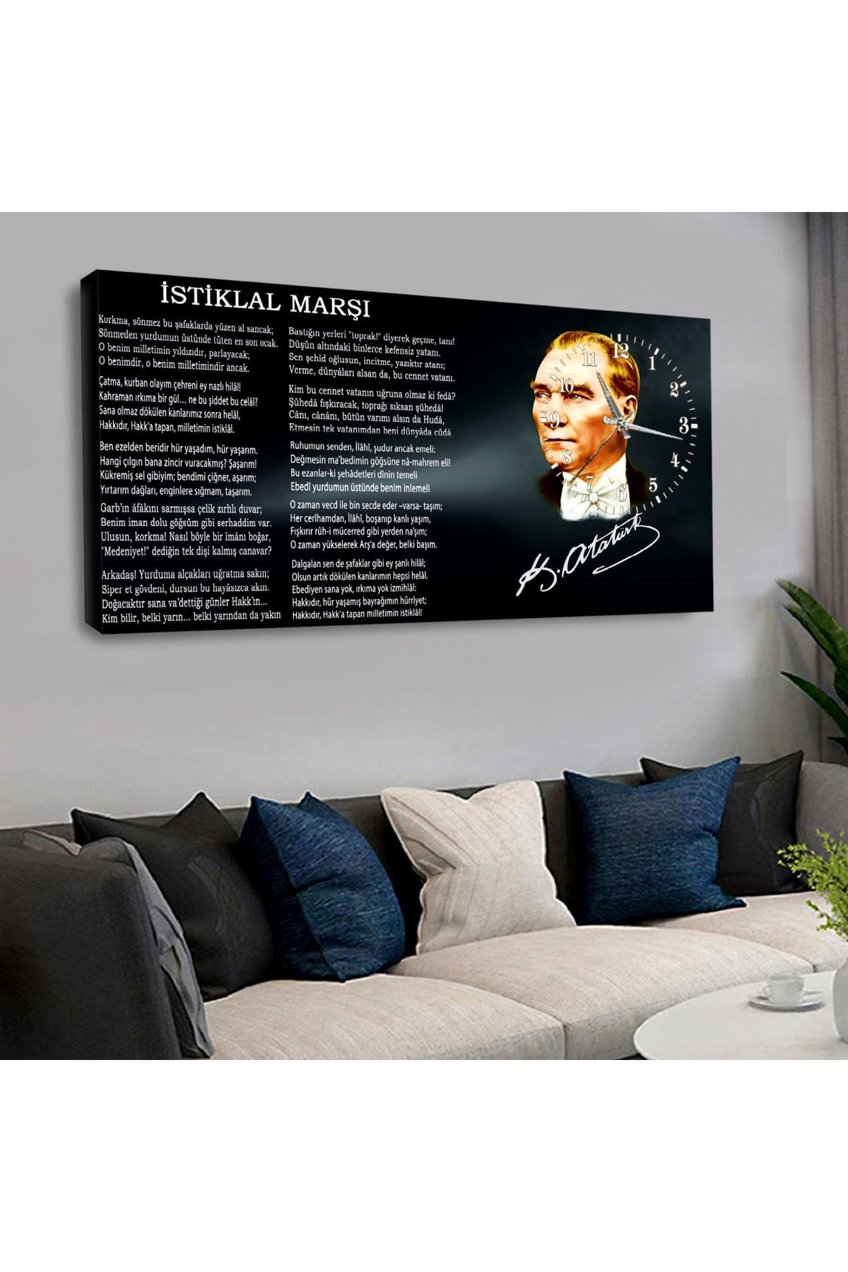 Kanvas Siyah Arka Planlı Beyaz Renkli Istiklal Marşı Ve Atatürk Saatli Tablo