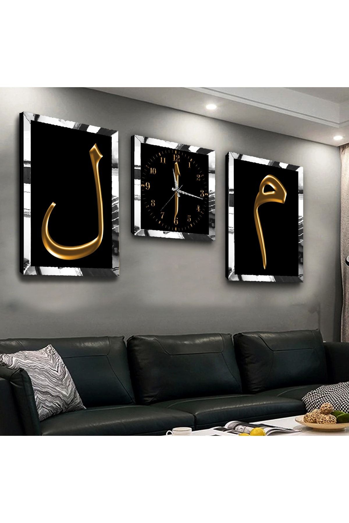 Gold Aynalı Pleksi Çerçeveli Lam Mim Üçlü Mdf Tablo Seti Ve Saat Seti