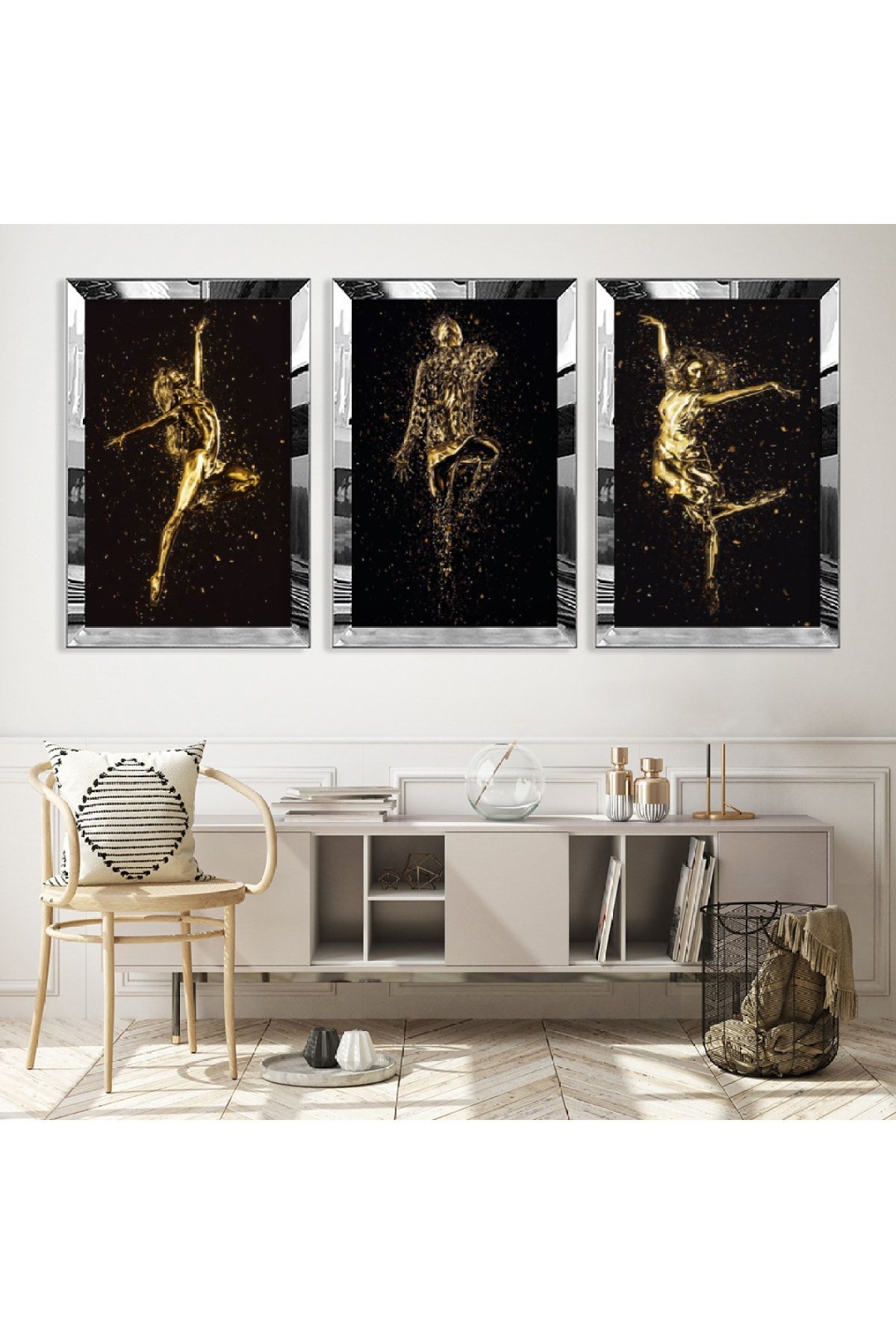 Gold Aynalı Pleksi Çerçeveli Sanat Modern Üçlü Mdf Tablo Seti