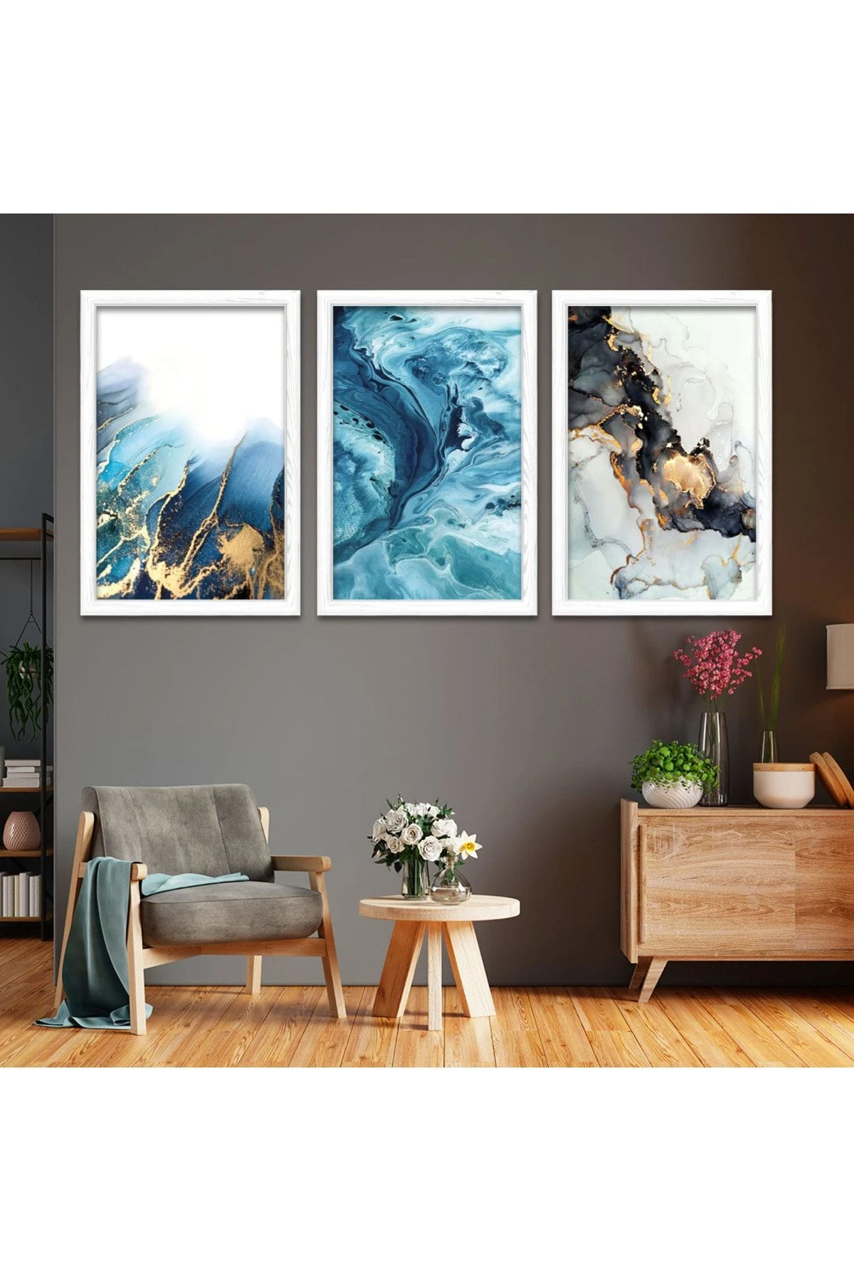 Beyaz Ahşap Çerçeveli Mavi Renkli Tablo