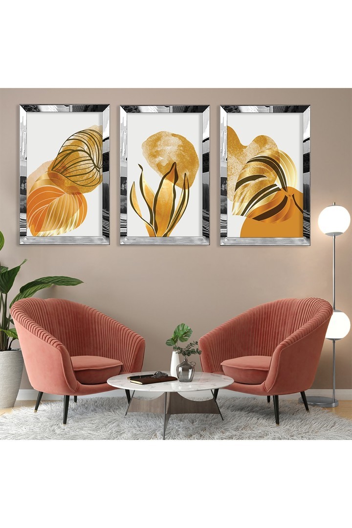 Renkli Soyut Desen Bitki Gold Pleksi Kenar 3'Lü Solmaz MDF Tablo