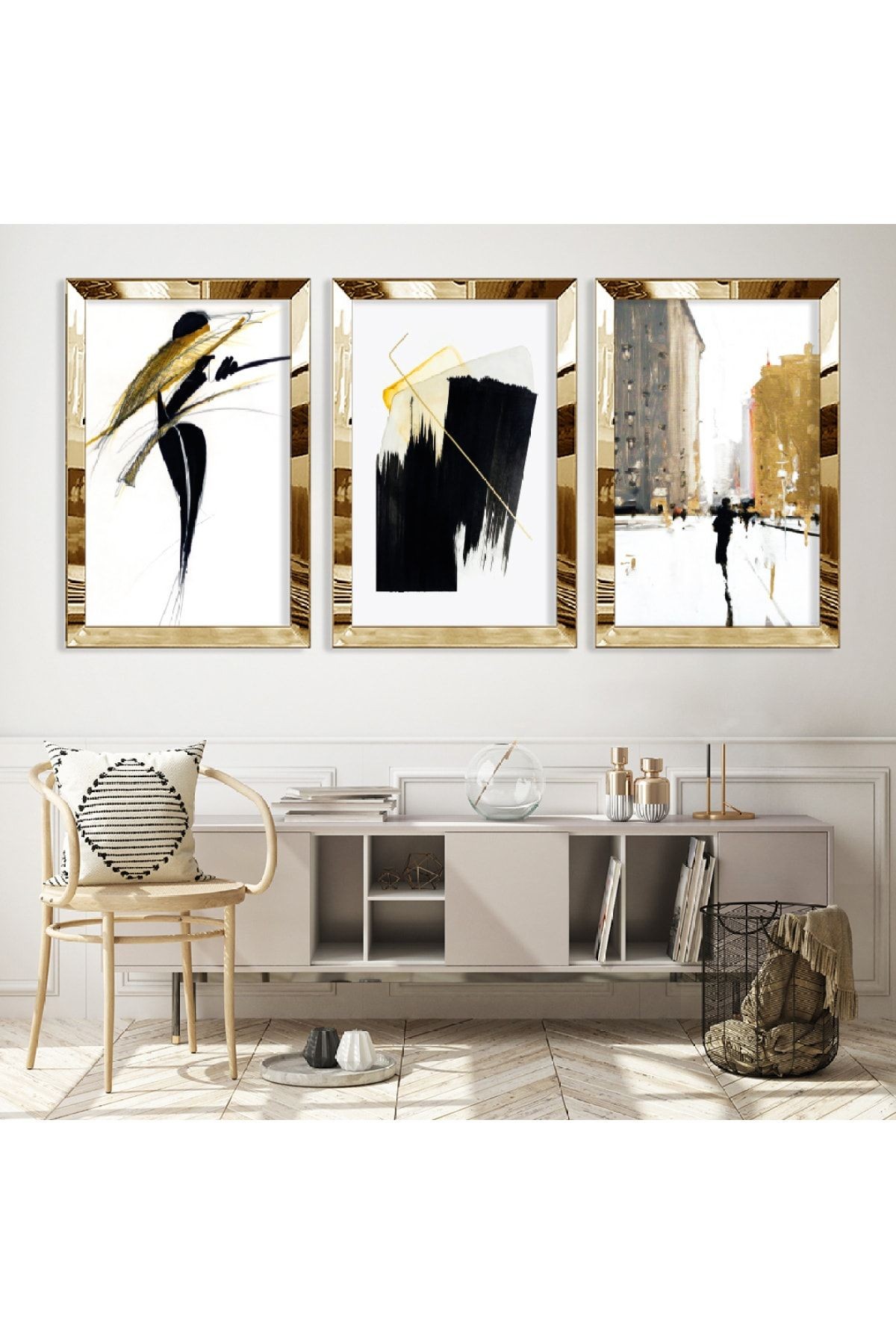 Gold Aynalı Pleksi Çerçeveli Modern Çizim Üçlü Mdf Tablo Seti