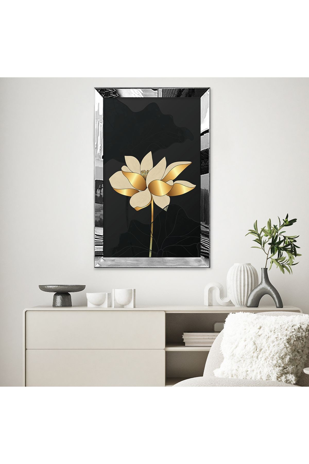 Gold Aynalı Pleksi Çerçeveli Modern Minimal Altın Renkli Çiçek Mdf Tablo