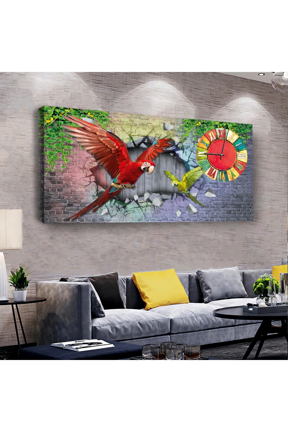 Renkli Papağanlar saatliAhşap Şase Dijital Baskı Kanvas Tablo 100X50Cm