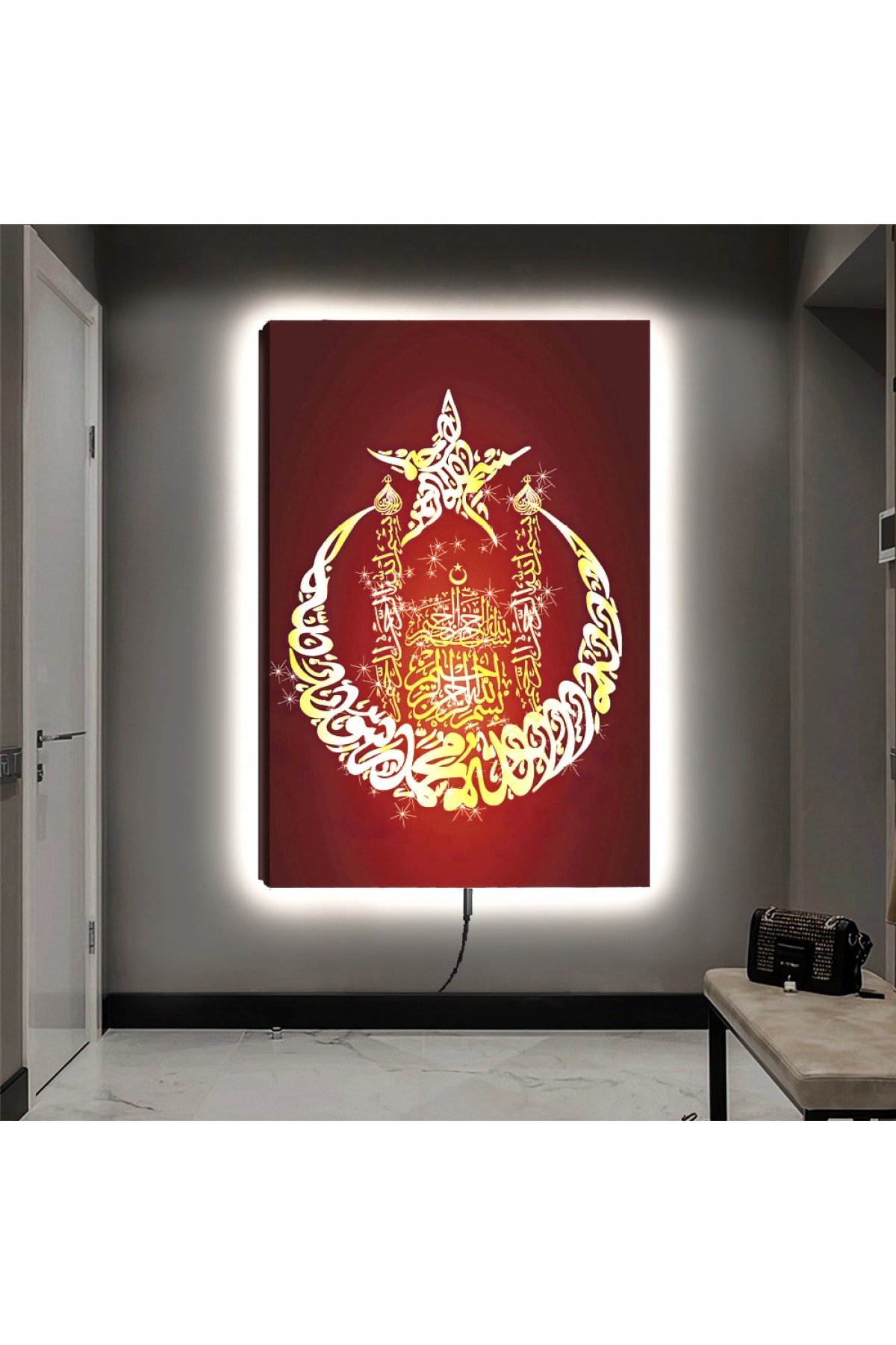 Ledli Hilal Yıldız Ahşap Şase Dijital Baskı Kanvas Tablo 90X60Cm