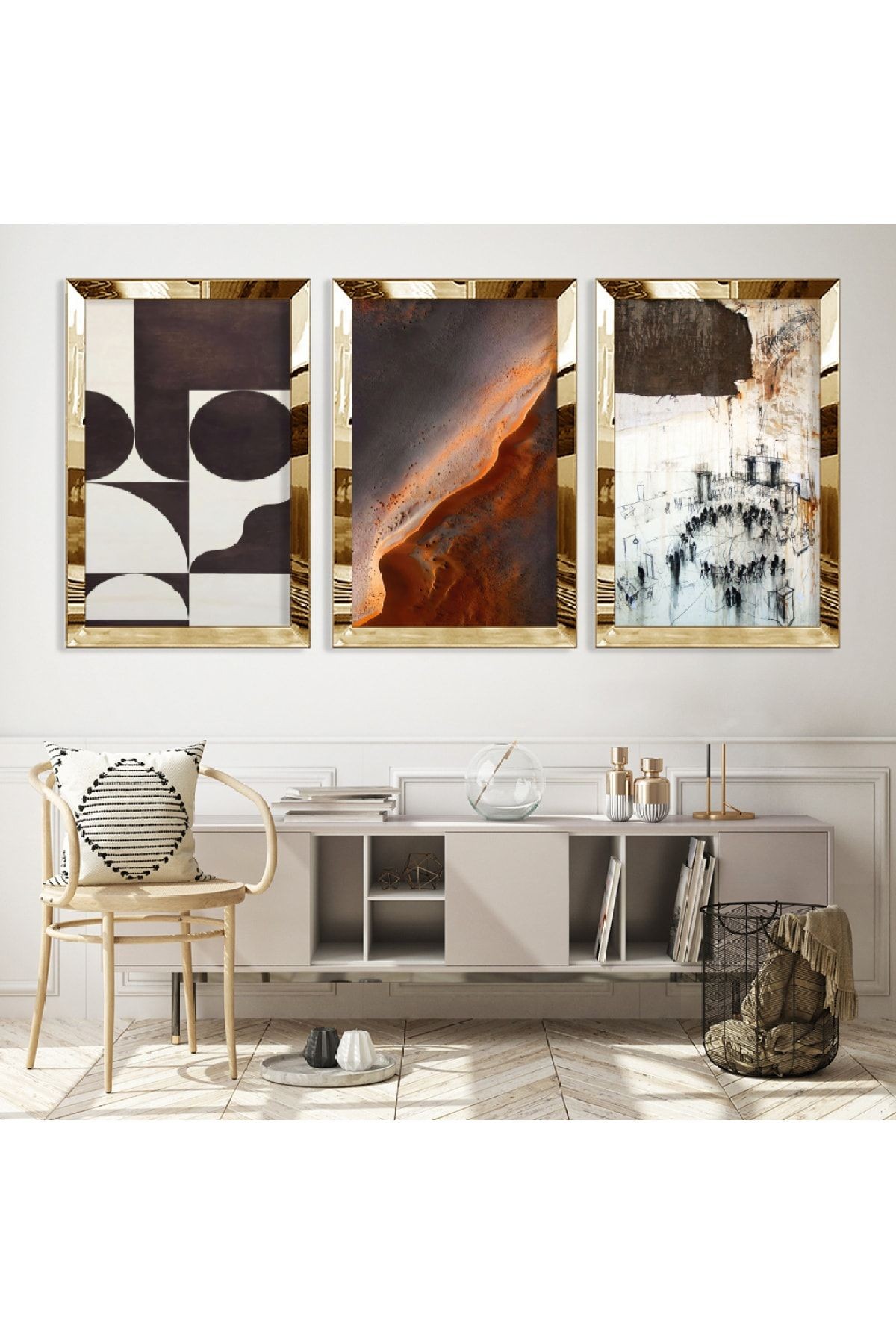 Gold Aynalı Pleksi Çerçeveli Modern Çizim Üçlü Mdf Tablo Seti