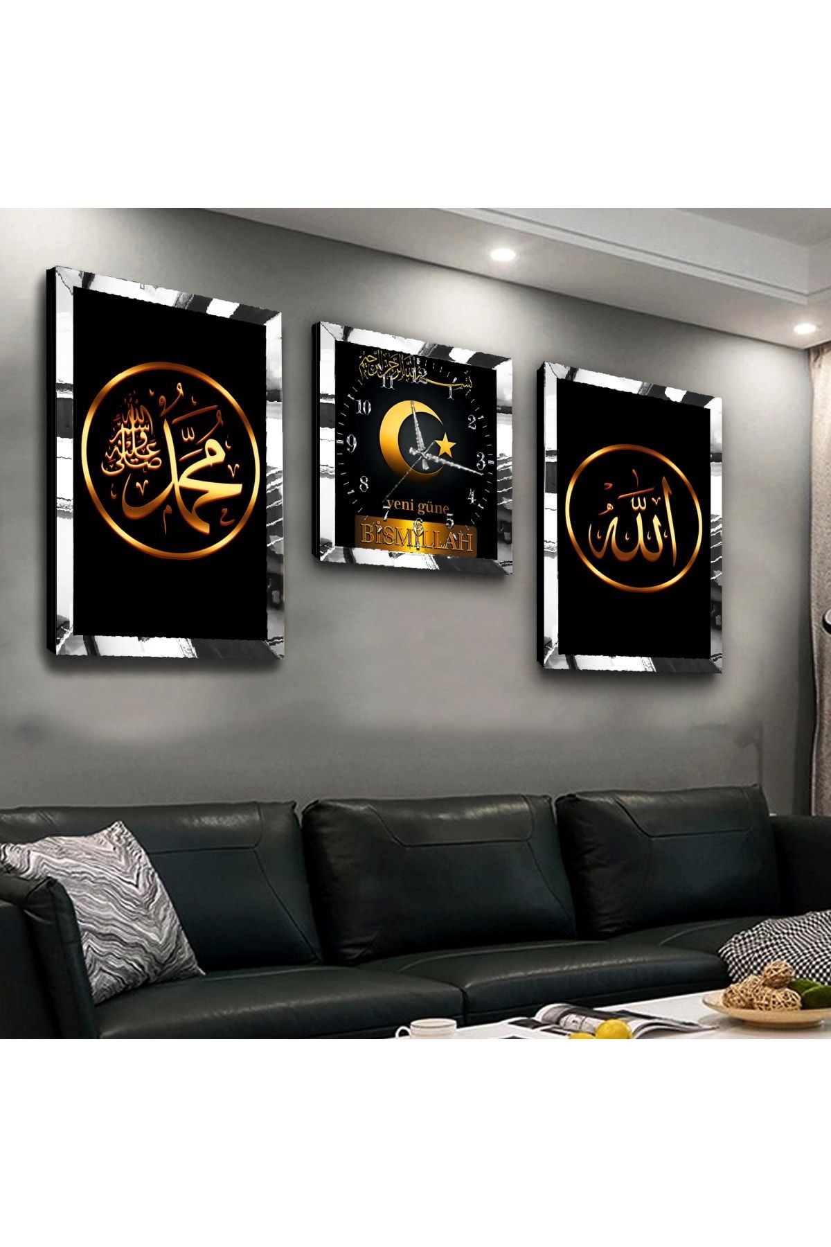 Gold Aynalı Pleksi Çerçeveli Hz Muhammed Ve Allah Lafzı Üçlü Mdf Tablo Seti Ve Saat Seti