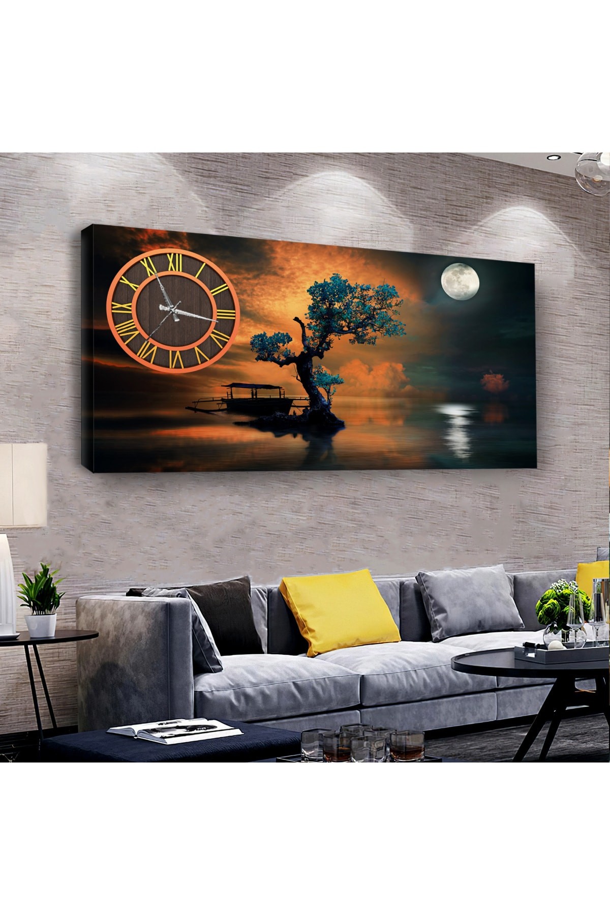 Tasarım Gün Batımı Manzara saatliAhşap Şase Dijital Baskı Kanvas Tablo 100X50Cm