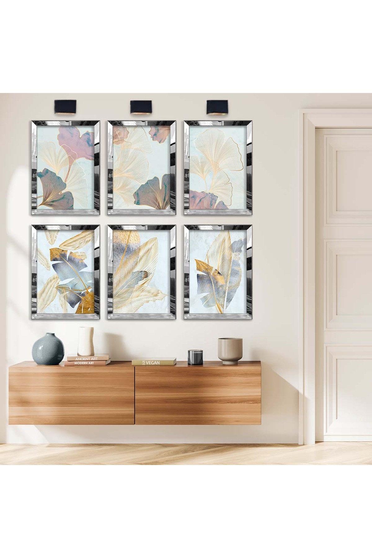 Modern Tablo Çizim Çiçek Desen 6'Lı Pleksi Kenar Solmaz MDF Tablo Seti