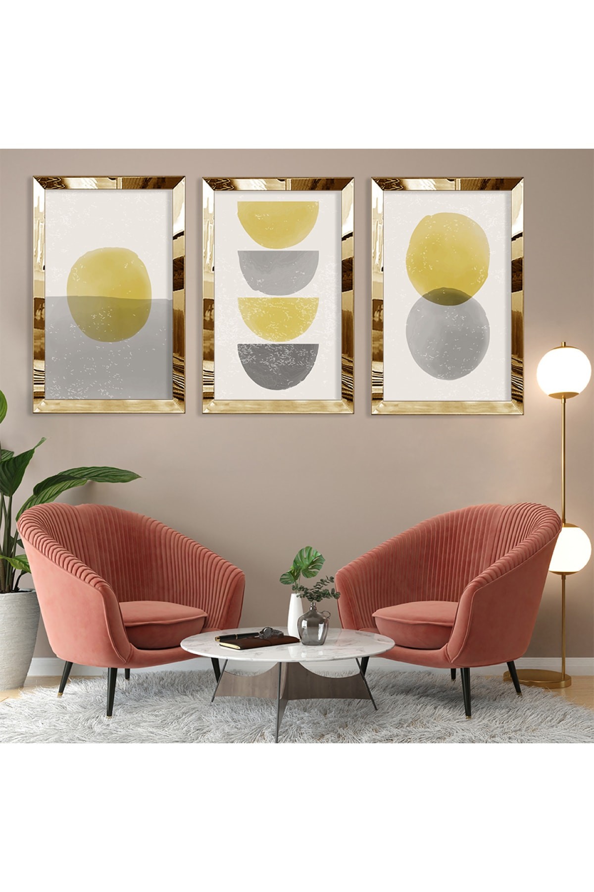 Modern Tablo Şekiller Soyut Desen Gold Pleksi Kenar 3'Lü Solmaz MDF Tablo