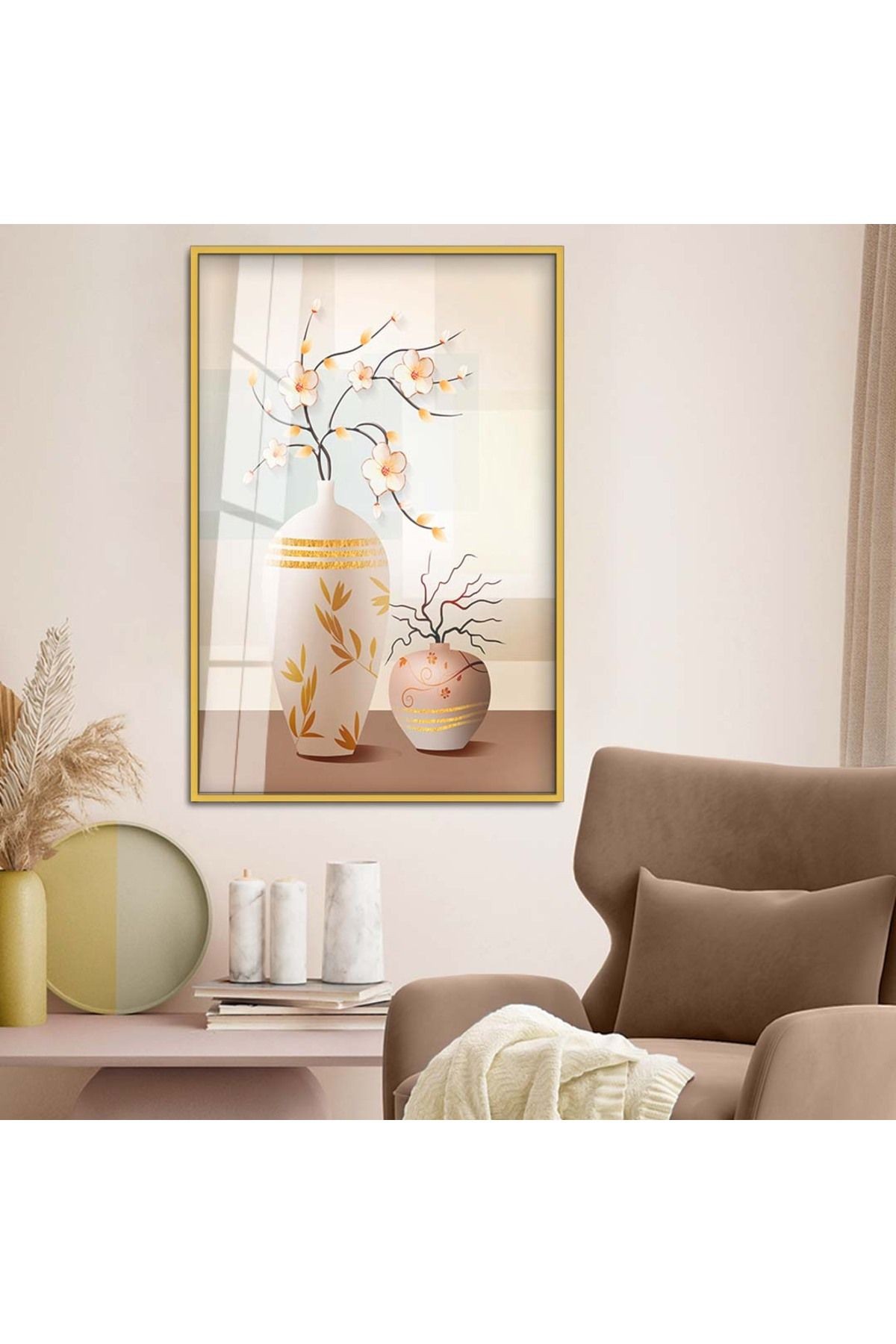 Gold Metal Çerçeveli Modern Çizim Vazo Tema Kırılmaz Cam Tablo