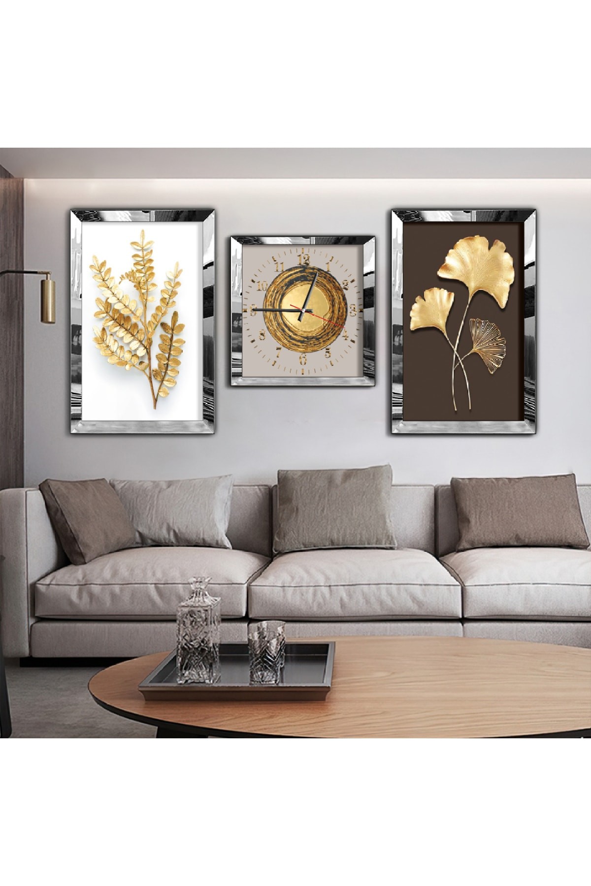 Renkli Buğday Çiçeği Aynalı Gold Pleksi Çerçeveli Solmaz MDF Tablo Ve Saat Seti